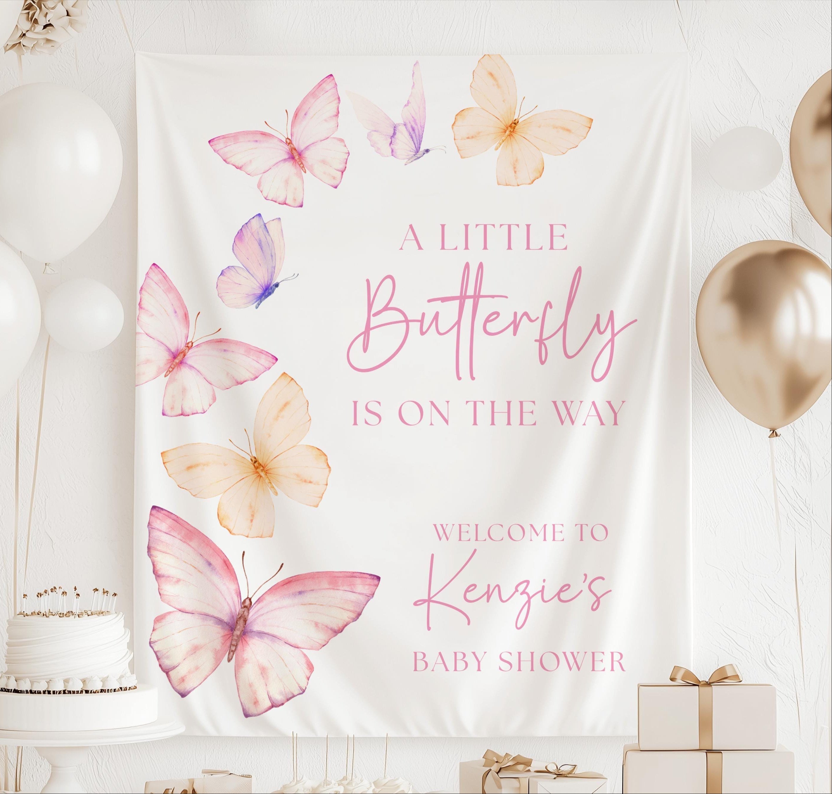 Personalized A Little Butterfly Is on the Way baby shower banner with watercolor butterflies