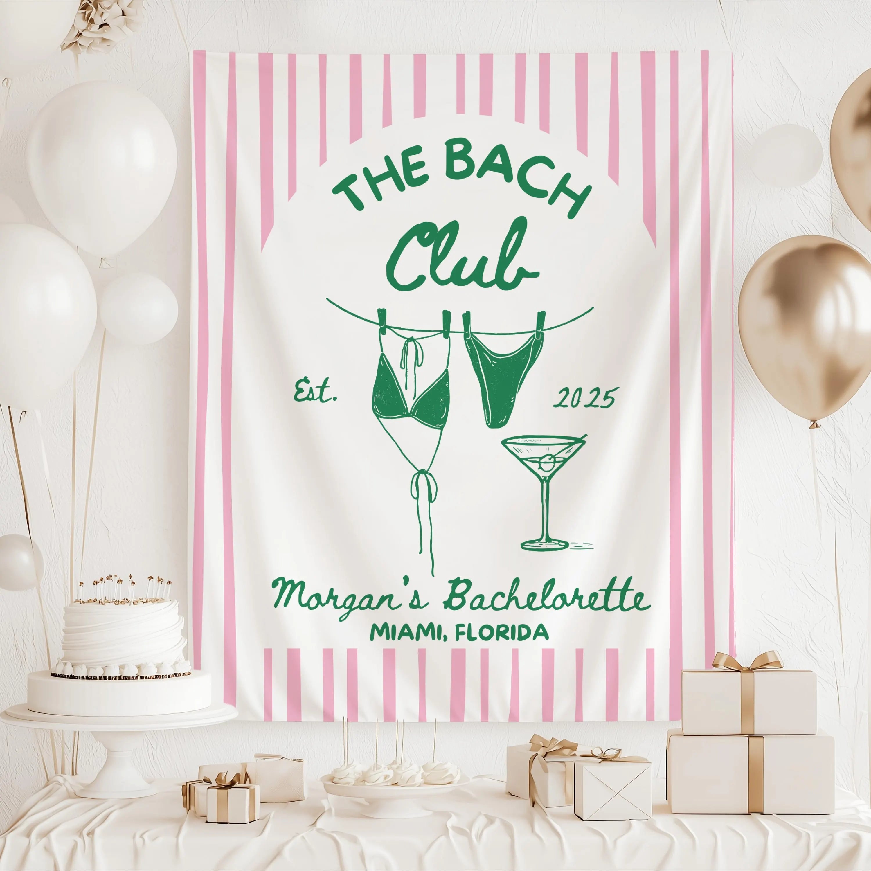 Coastal bachelorette backdrop with striped design, swimsuit clothesline artwork and personalized bride weekend decorations.