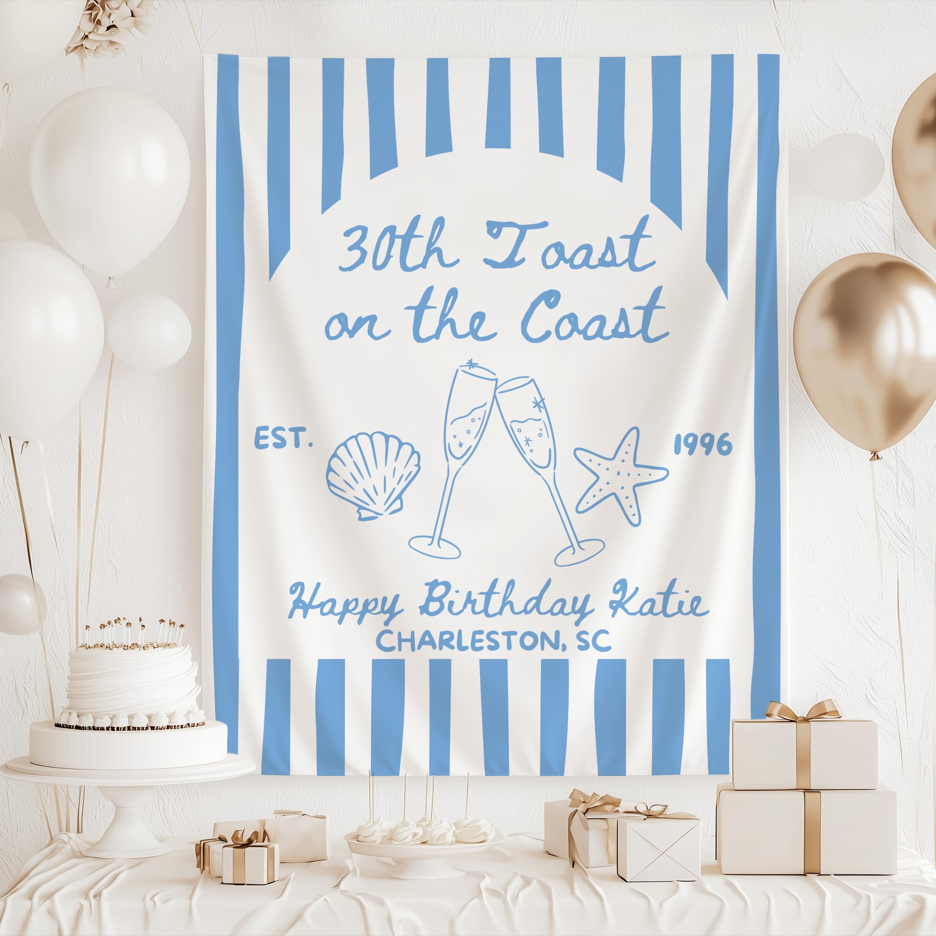Personalized beach themed 30th birthday party decor banner with champagne glasses seashell and starfish
