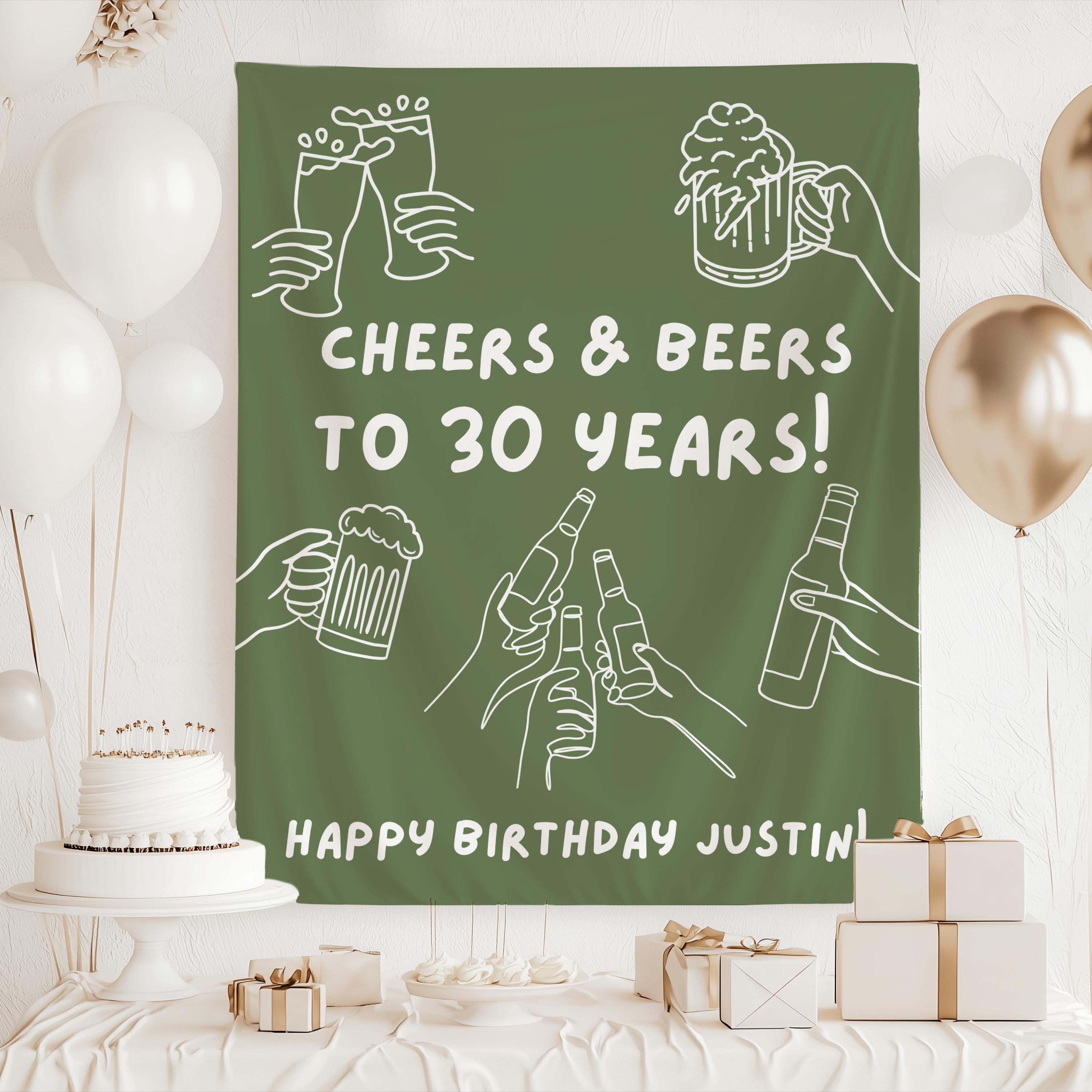 Personalized beer birthday party decor banner for milestone birthdays with custom age and name