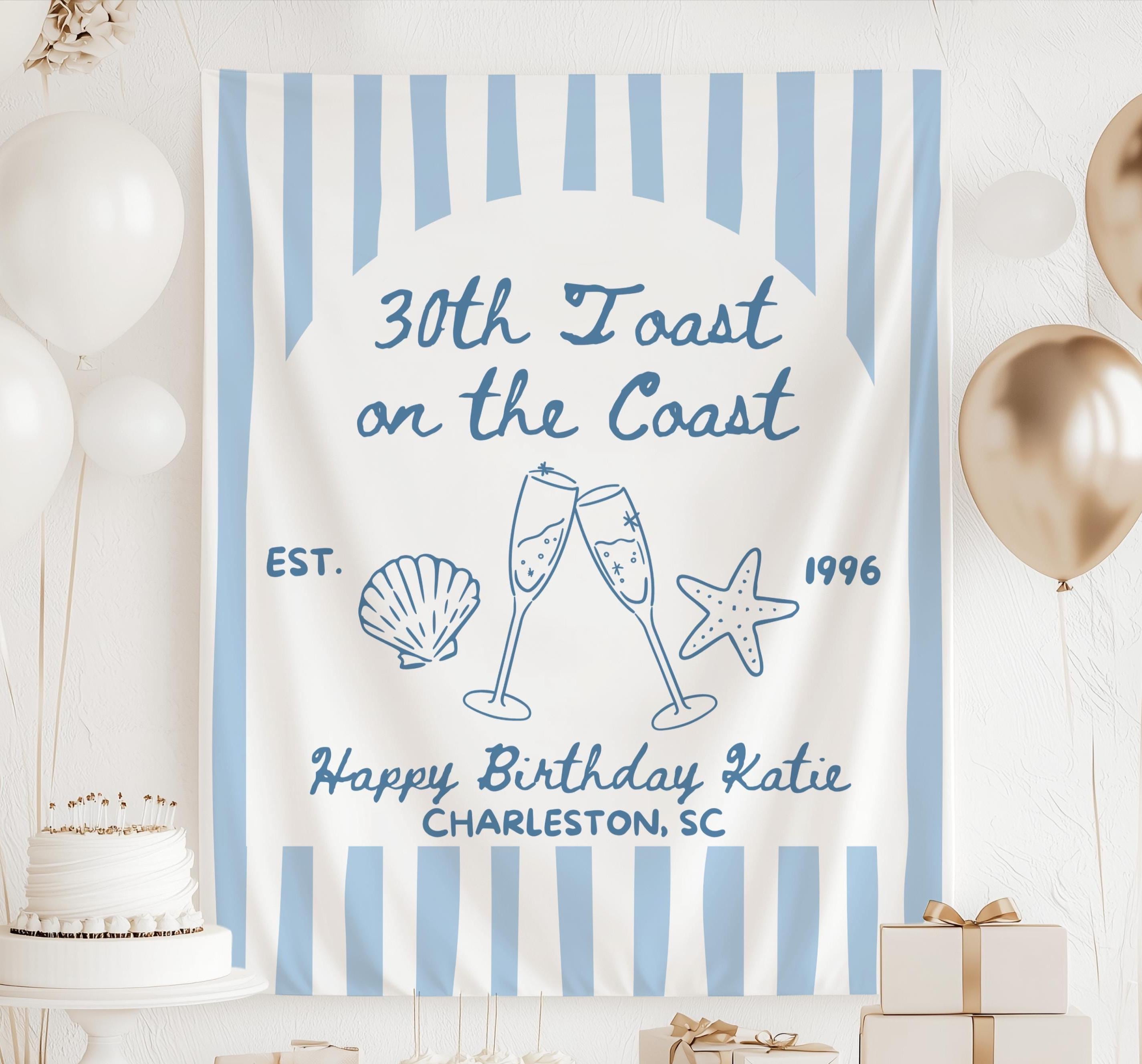 Personalized 30th Toast on the Coast birthday banner with custom name birth year and coastal party theme