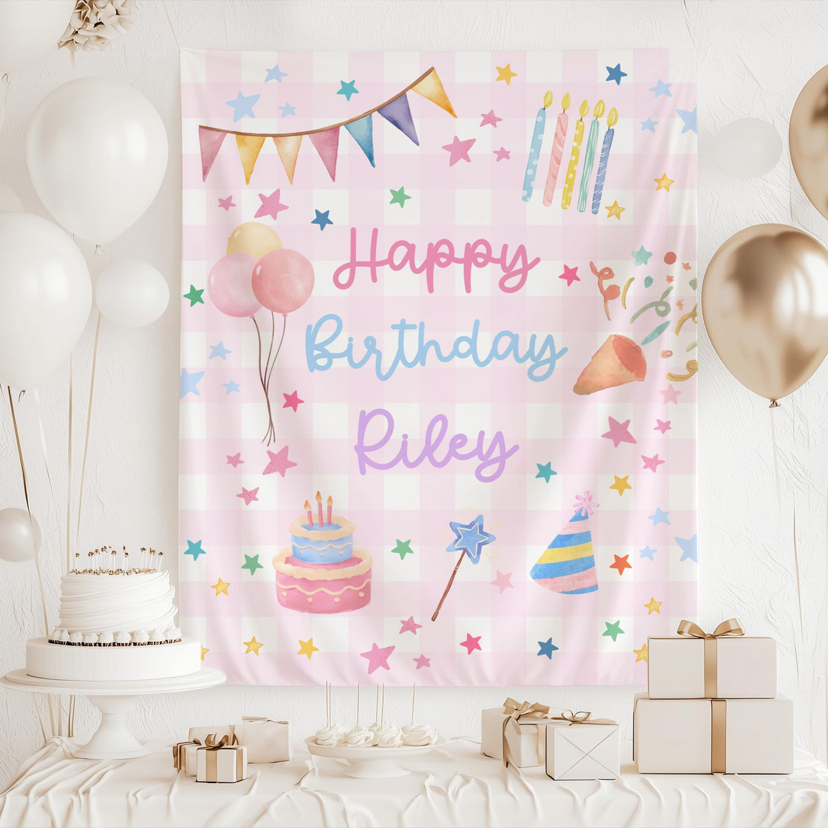 Whimsical birthday banner featuring colorful party decorations and personalized birthday details