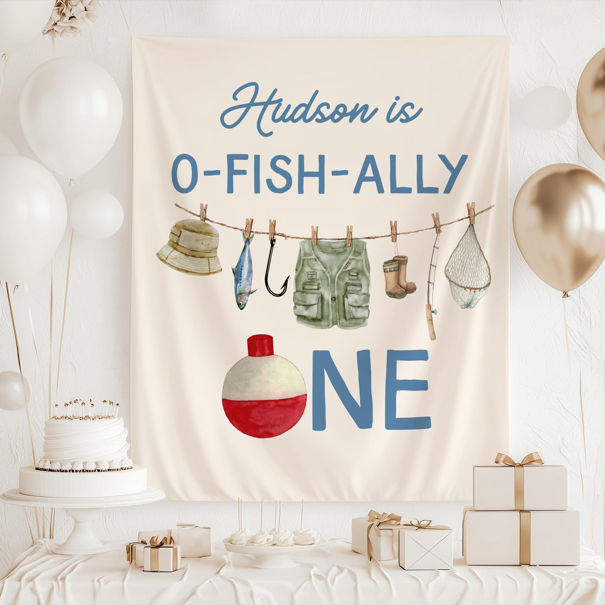 Custom fishing birthday backdrop for cake table decorations and first birthday party photos