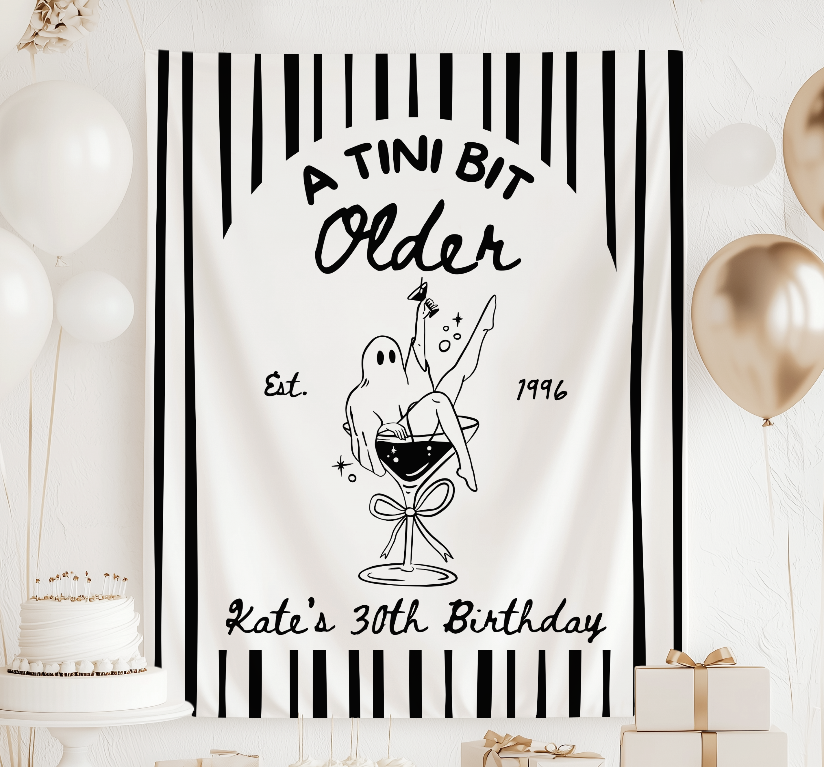 A Tini Bit Older Halloween birthday banner with ghost martini design for a personalized milestone birthday party