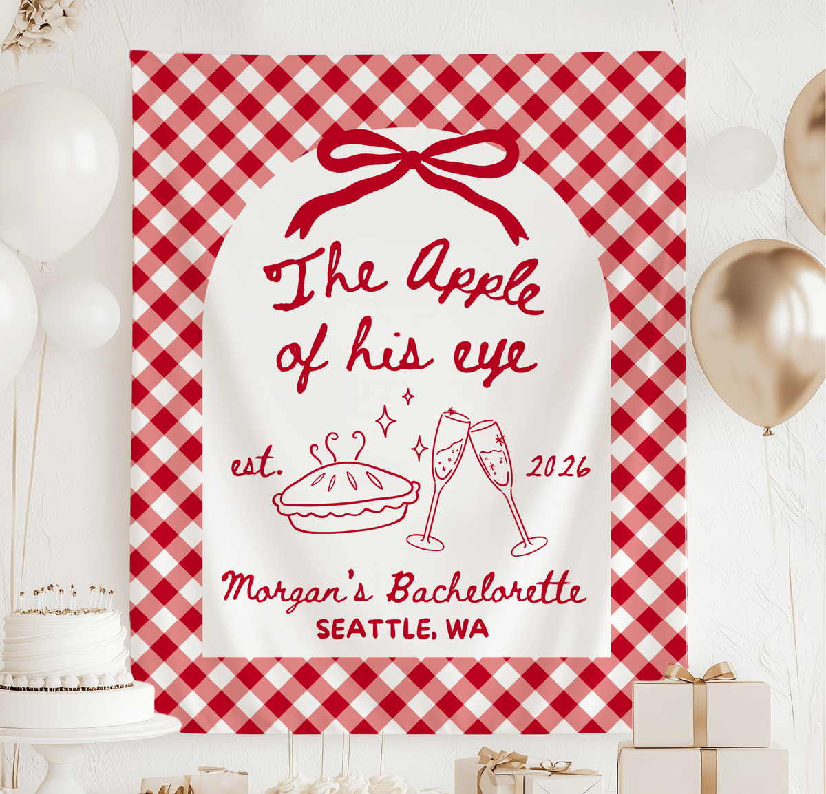 Custom Apple of His Eye bachelorette banner with red gingham design