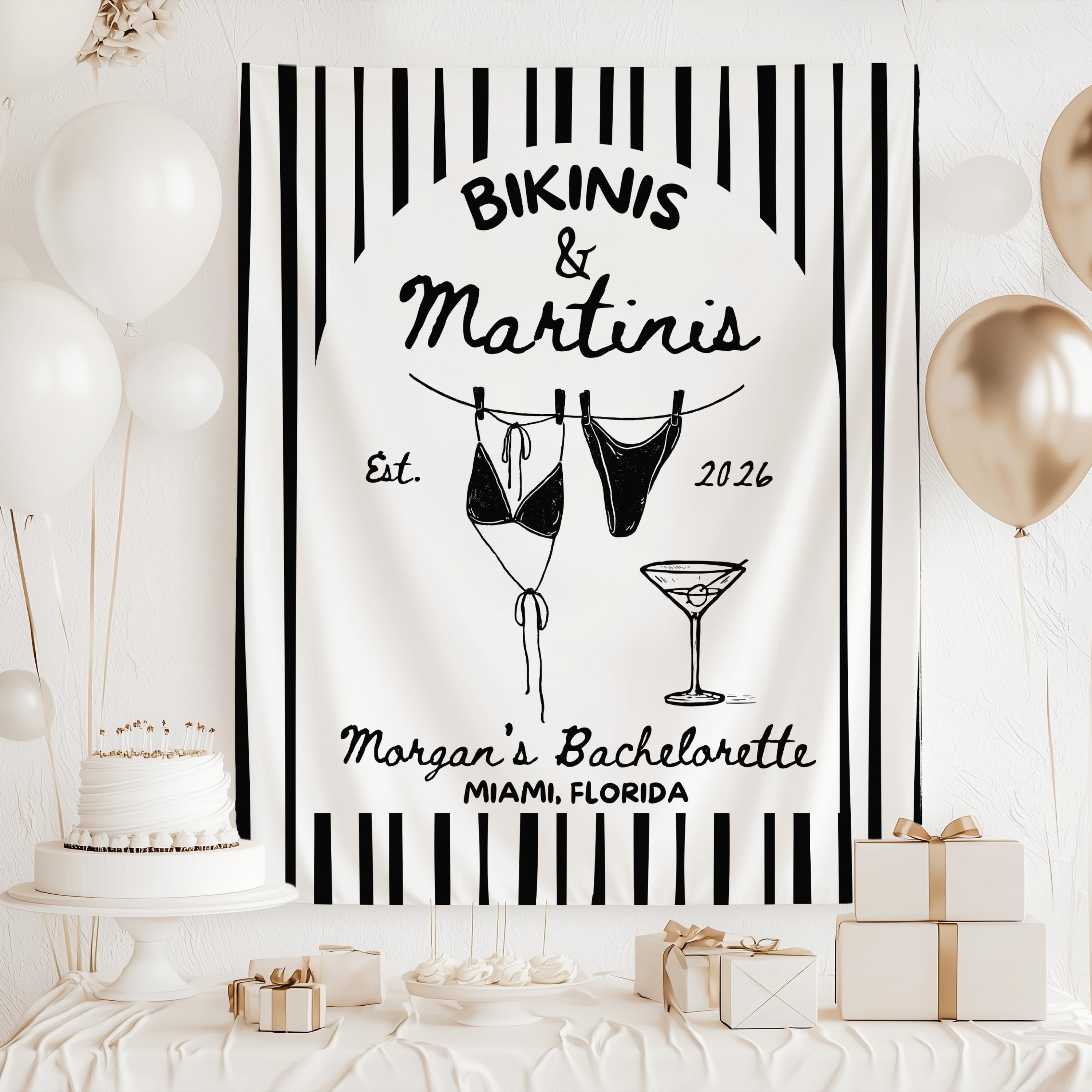 Personalized coastal bachelorette banner featuring Bikinis and Martinis theme for beach weekend decor