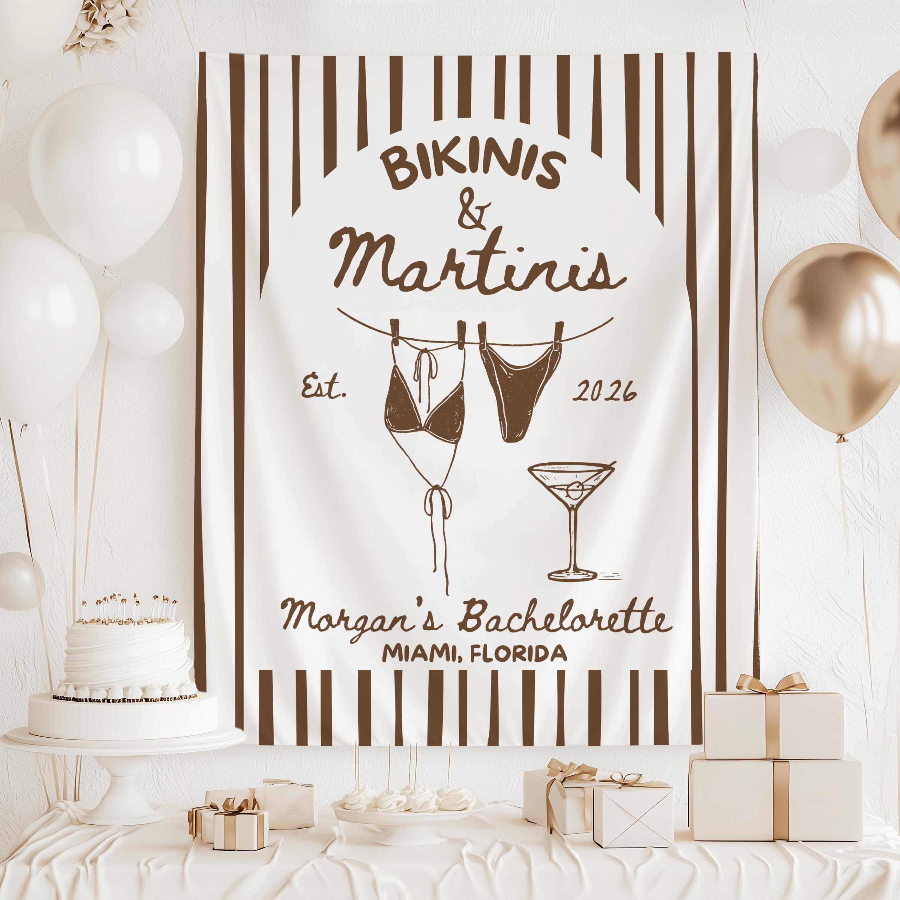 Tropical beach bachelorette banner with custom name for Bikinis and Martinis bridal celebration