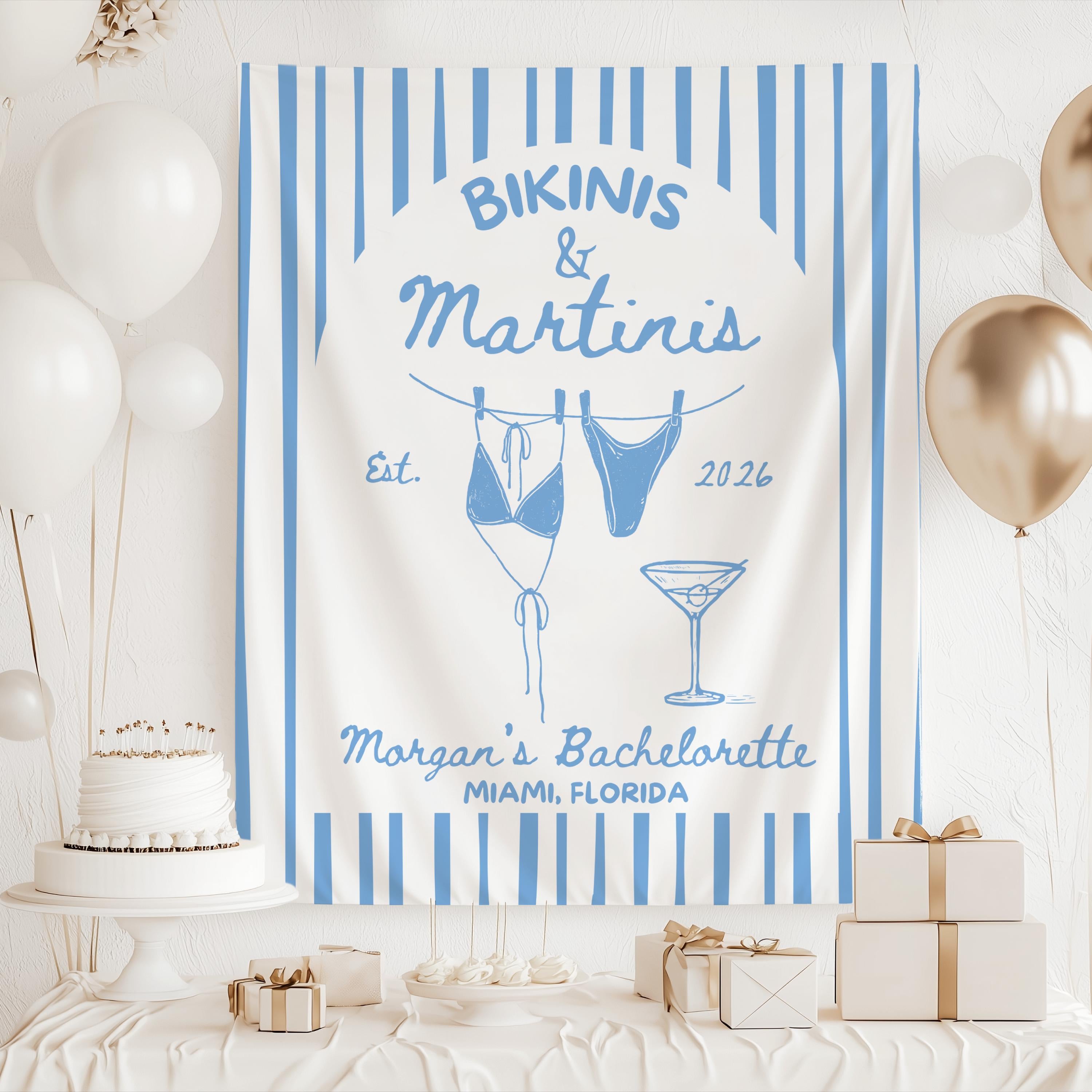 Personalized tropical bachelorette backdrop featuring Bikinis and Martinis for destination celebrations