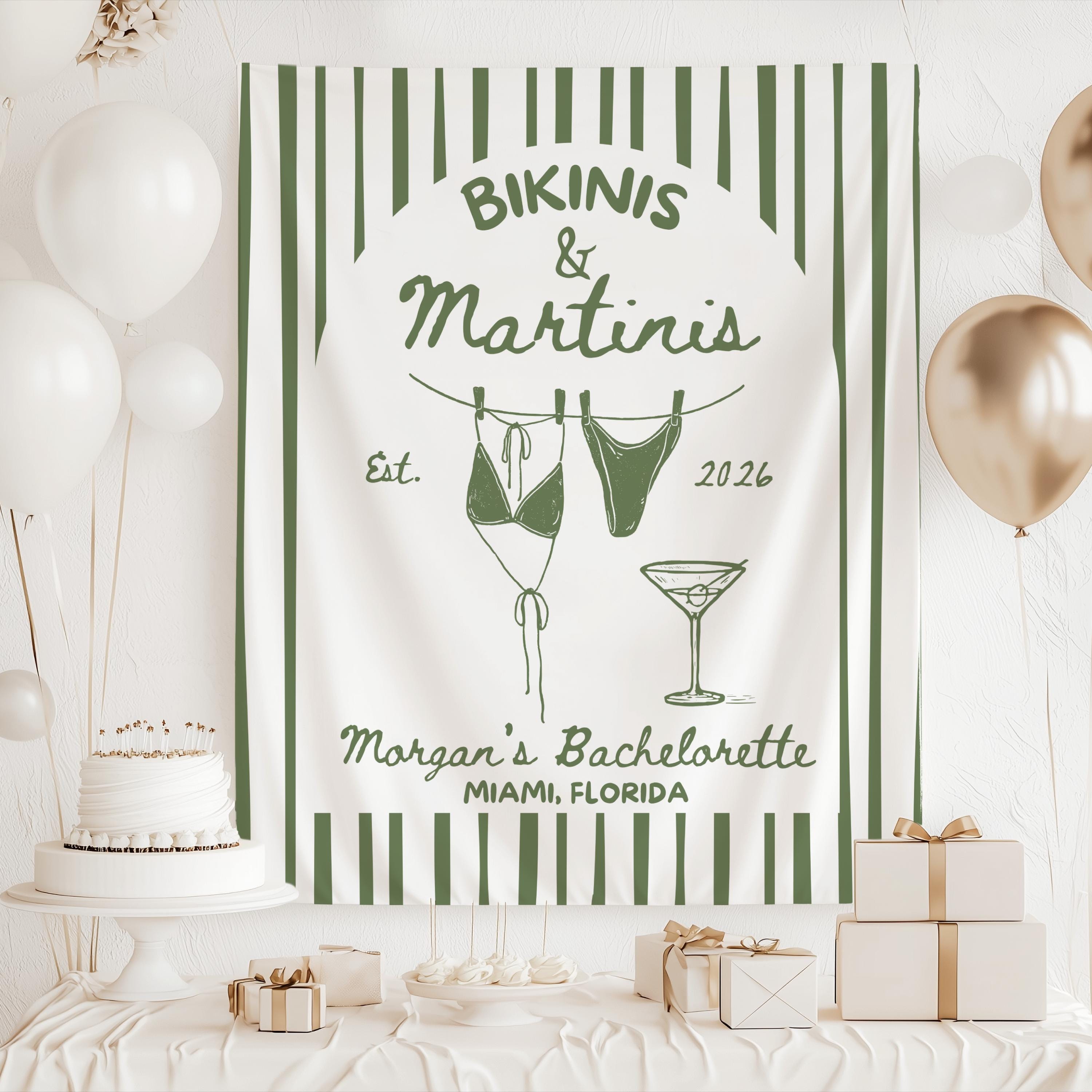 Personalized Bikinis and Martinis banner for coastal bachelorette party photo booth backdrop