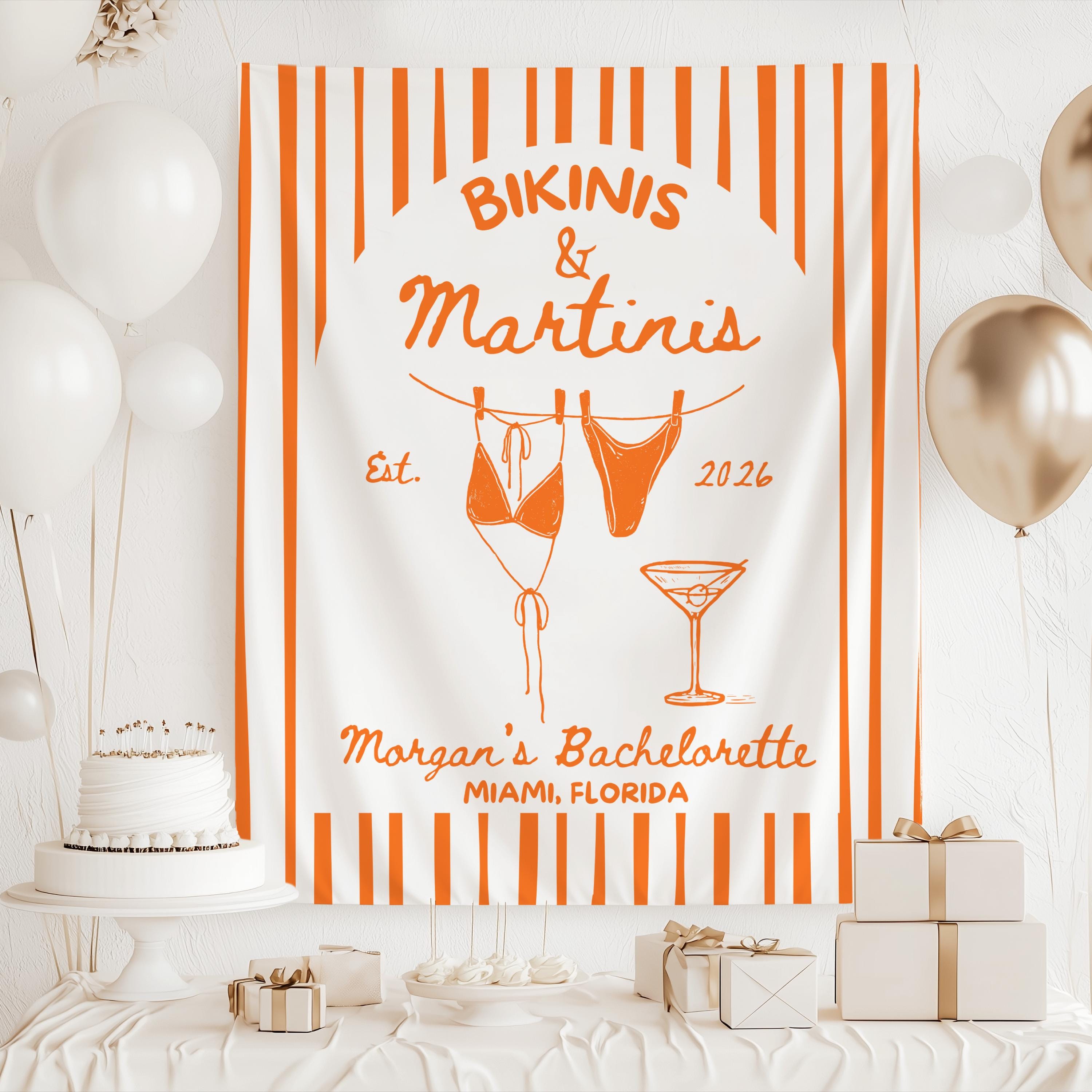 Bikinis and Martinis beach backdrop for personalized bachelorette party decorations and photo opportunities