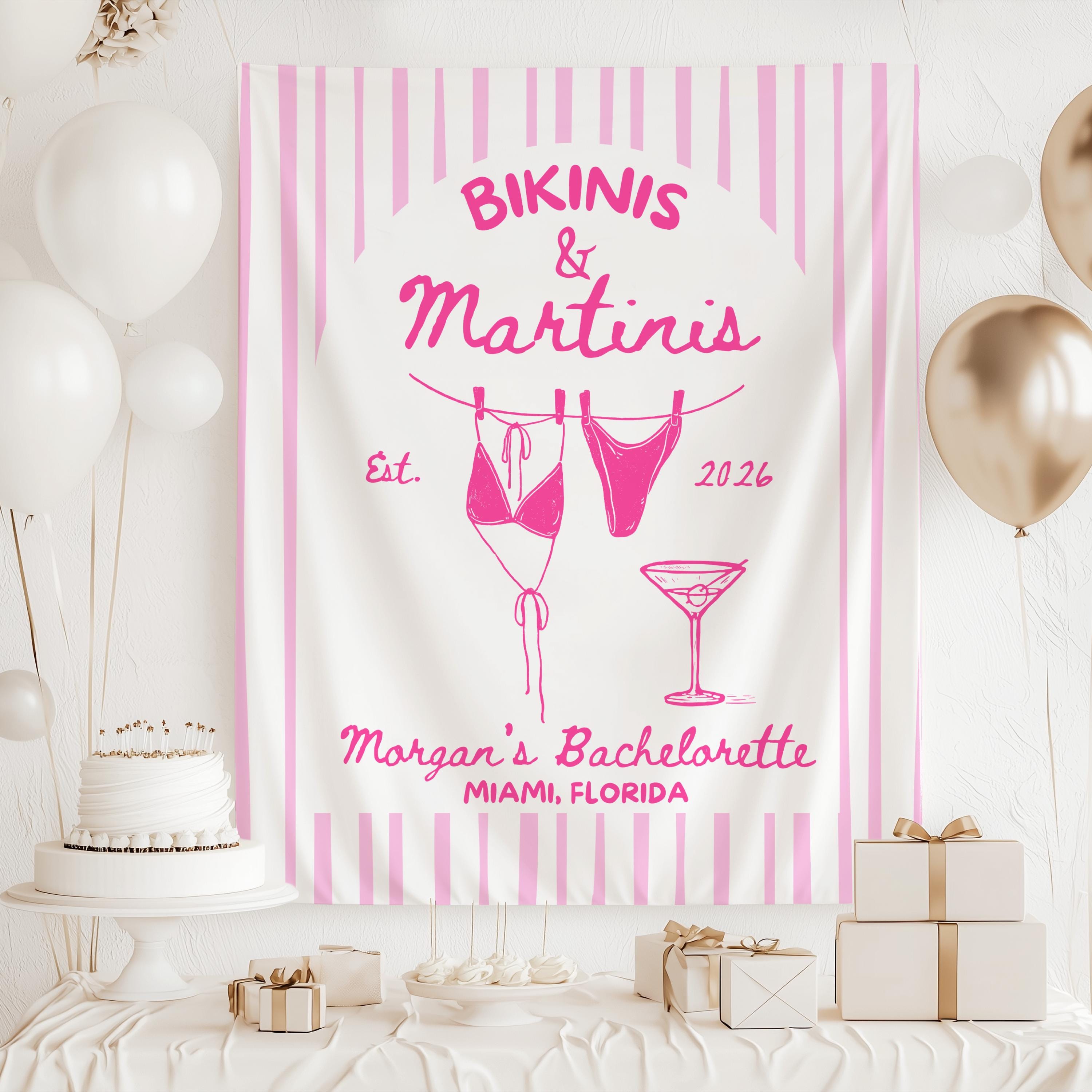 Custom beach bachelorette backdrop featuring Bikinis and Martinis theme for poolside celebrations