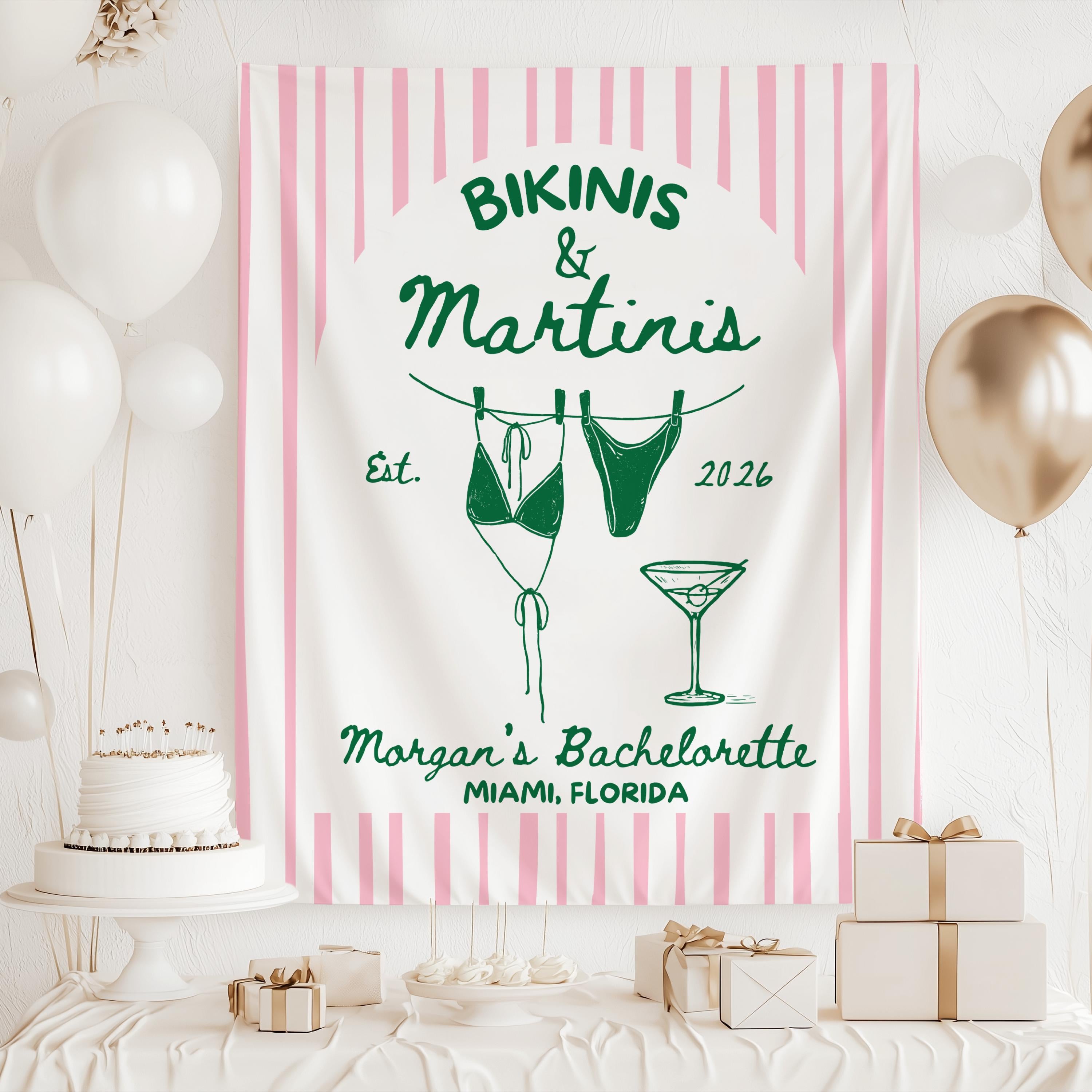 Bikinis and Martinis bachelorette banner for destination bridal weekend beach party decorations