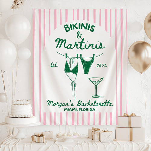 Bikinis and Martinis bachelorette banner for destination bridal weekend beach party decorations
