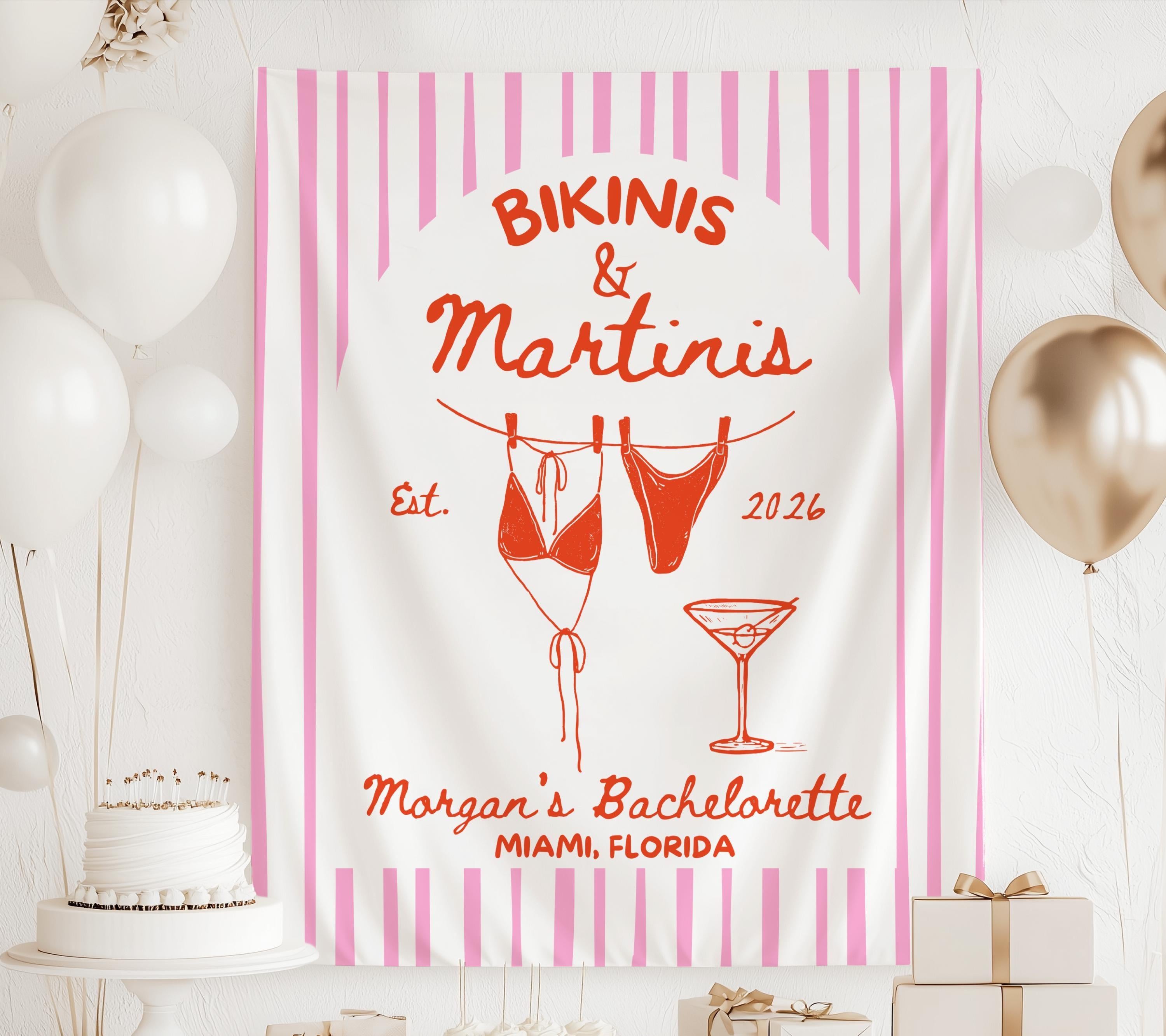 Personalized Bikinis and Martinis banner for beach bachelorette party with custom name and tropical backdrop