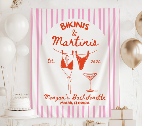 Personalized Bikinis and Martinis banner for beach bachelorette party with custom name and tropical backdrop