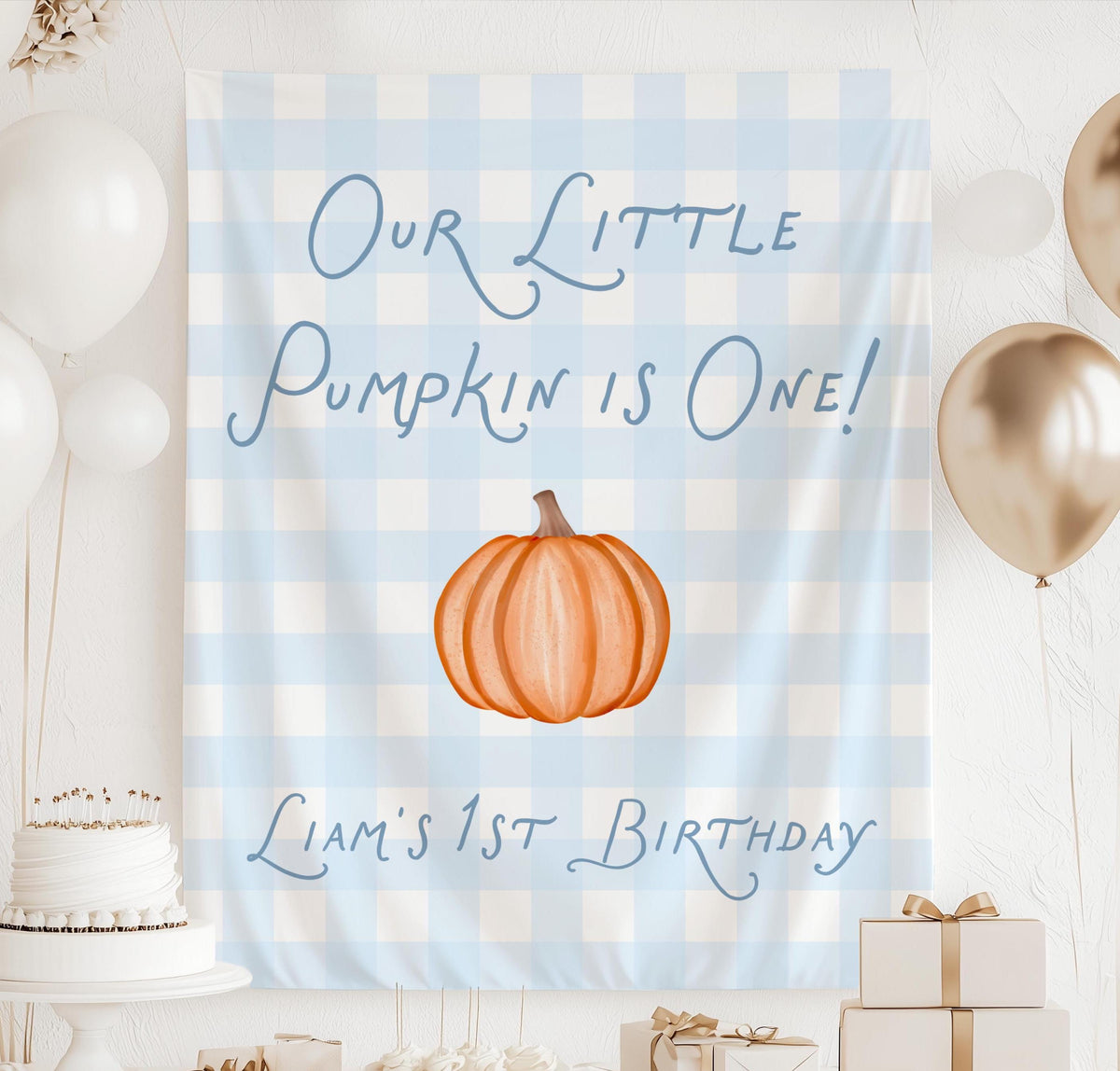 Boy fall first birthday backdrop with personalized name and pumpkin design