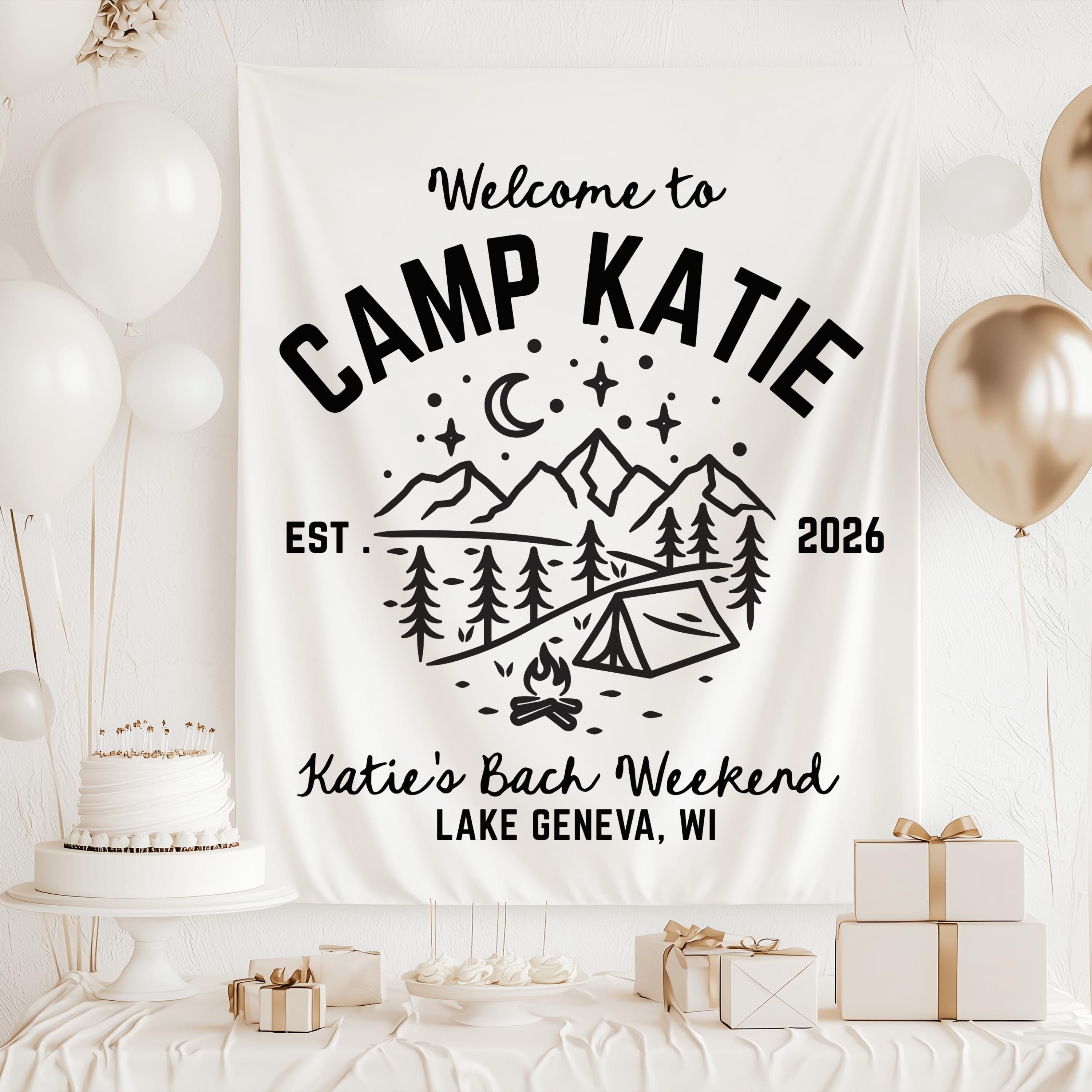 Camp Bachelorette photo backdrop for glamping bachelorette weekend with custom party details
