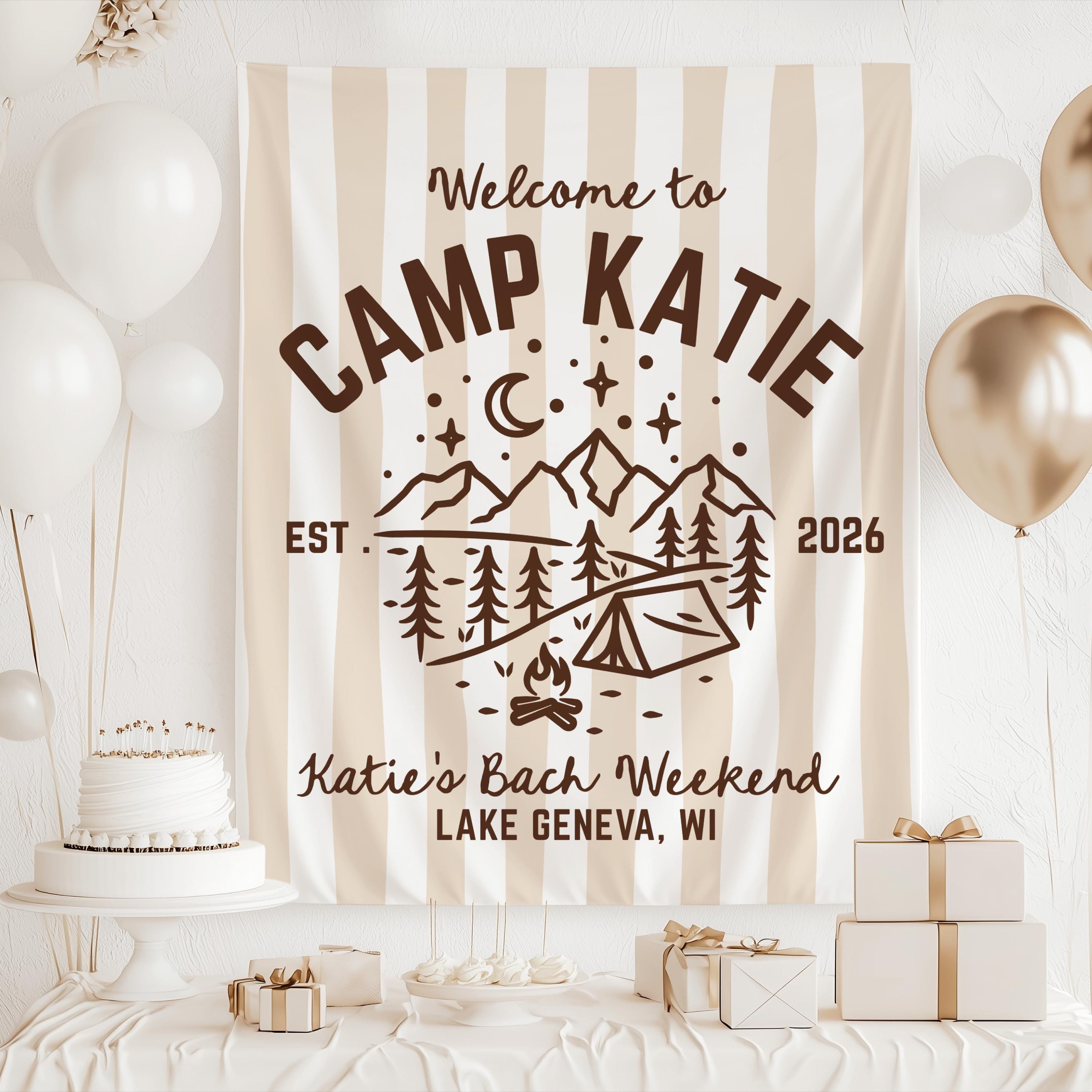 Custom Camp Bachelorette banner for glamping bachelorette party and outdoor bridal decorations
