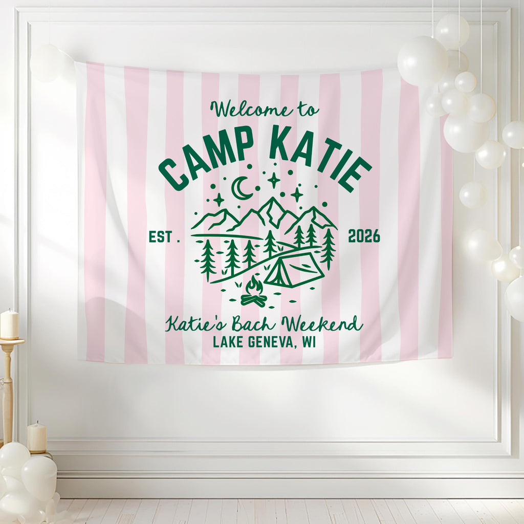 Custom Camp Bachelorette banner for camping themed bridal celebration and girls getaway
