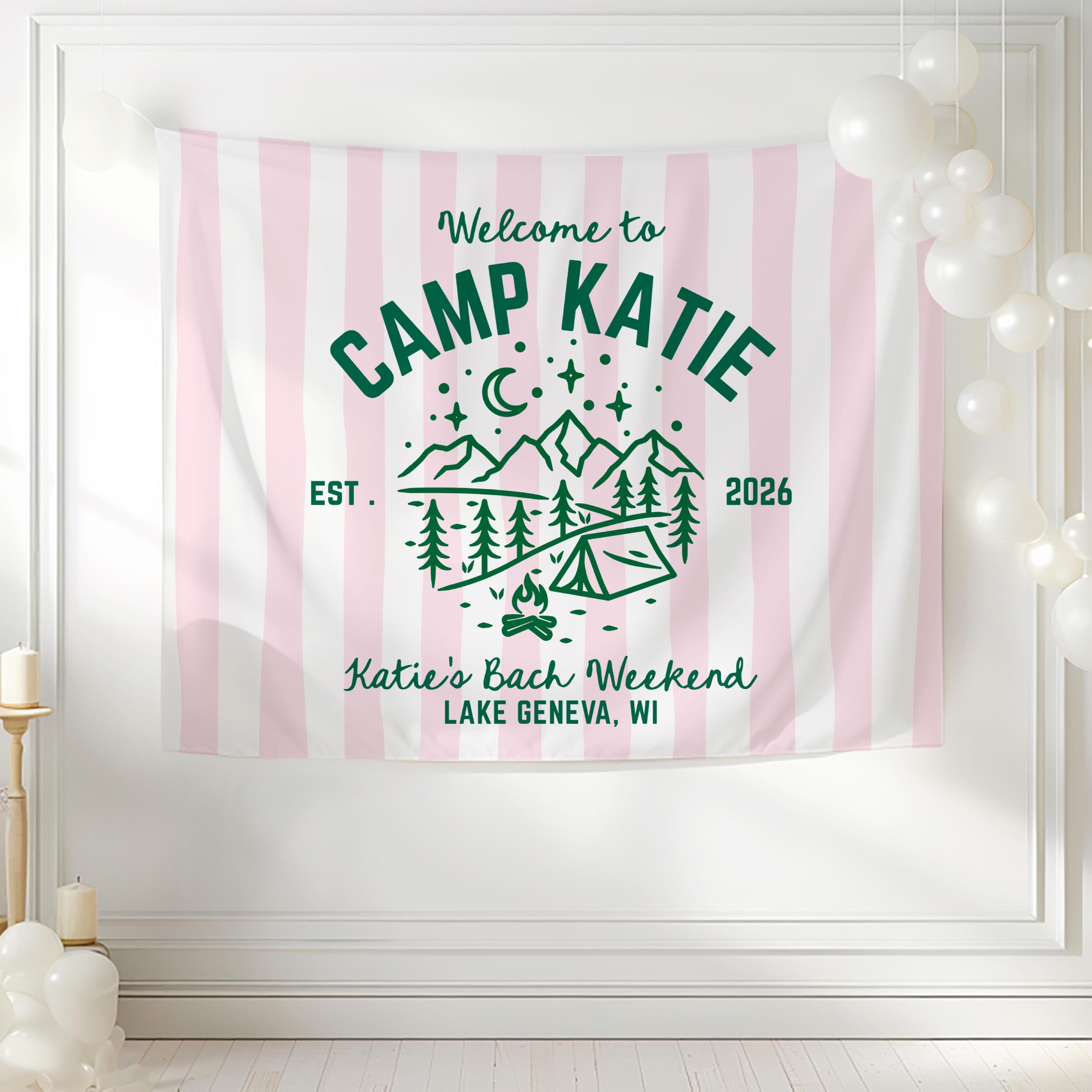 Custom Camp Bachelorette banner for camping themed bridal celebration and girls getaway
