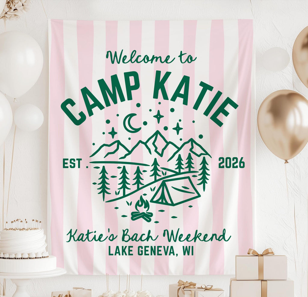 Personalized Camp Bachelorette banner for camping bridal weekend with custom name and event details
