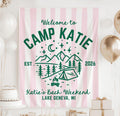 Personalized Camp Bachelorette banner for camping bridal weekend with custom name and event details
