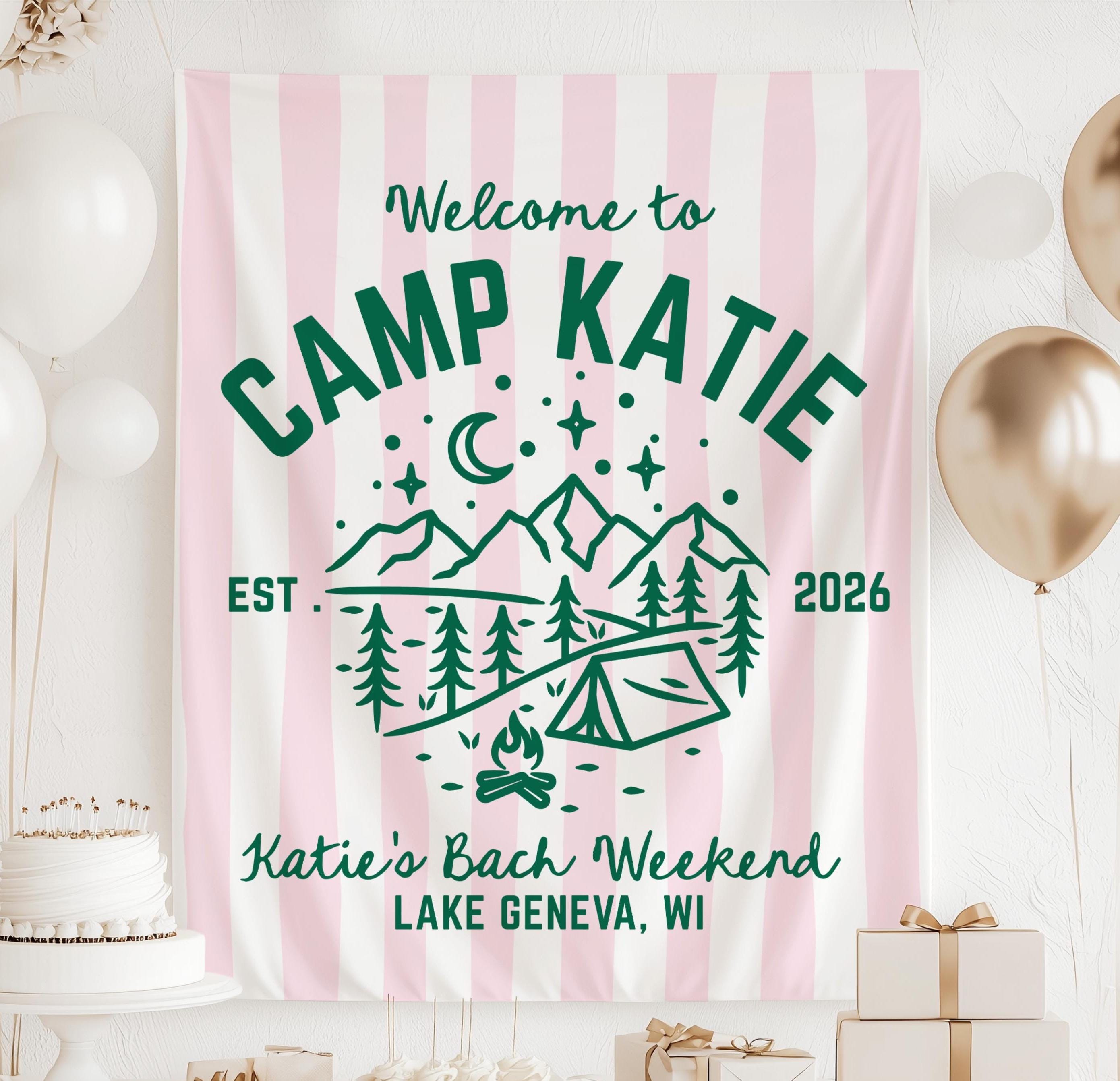 Personalized Camp Bachelorette banner for camping bridal weekend with custom name and event details
