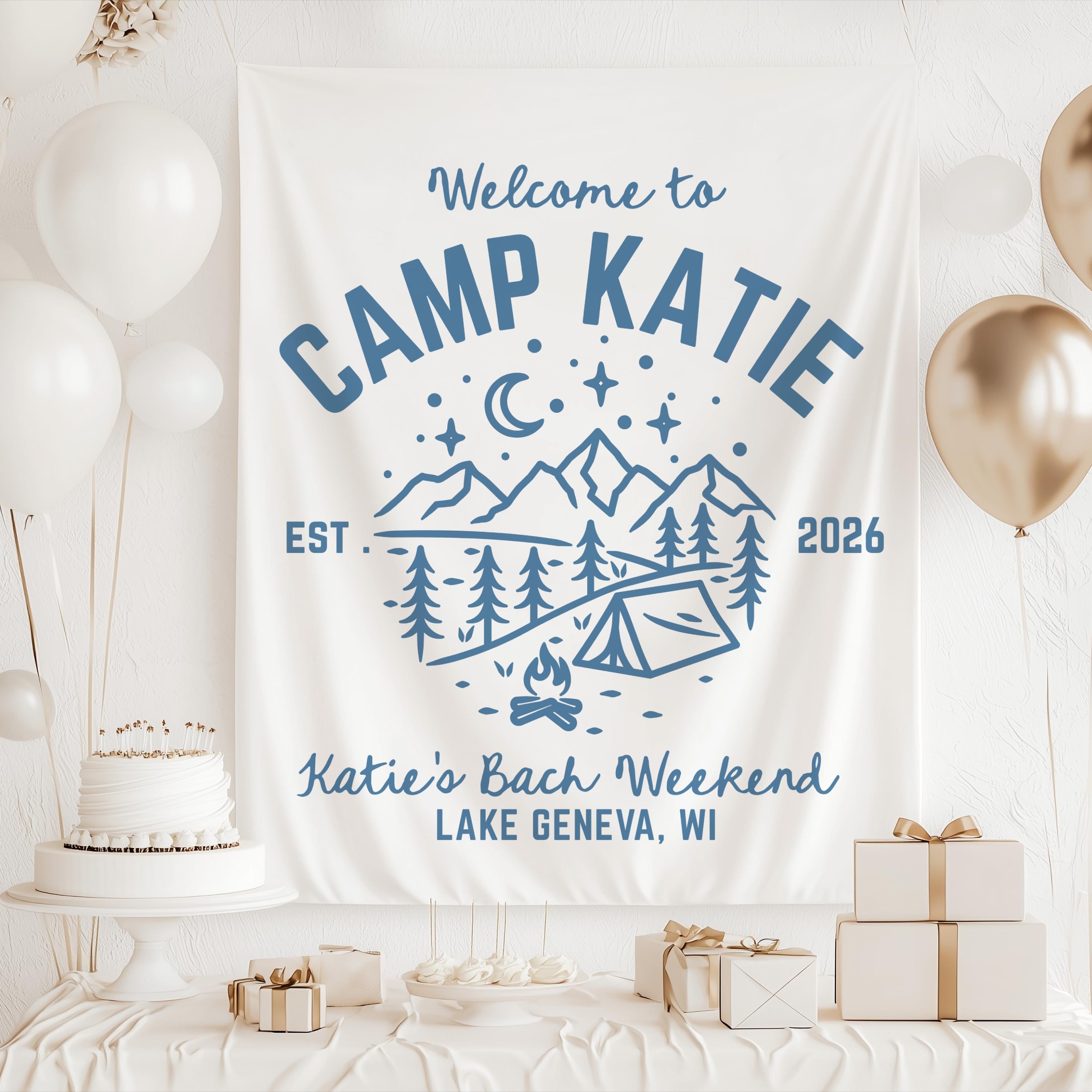 Camp Bachelorette party banner featuring a personalized design for cabin bachelorette weekends
