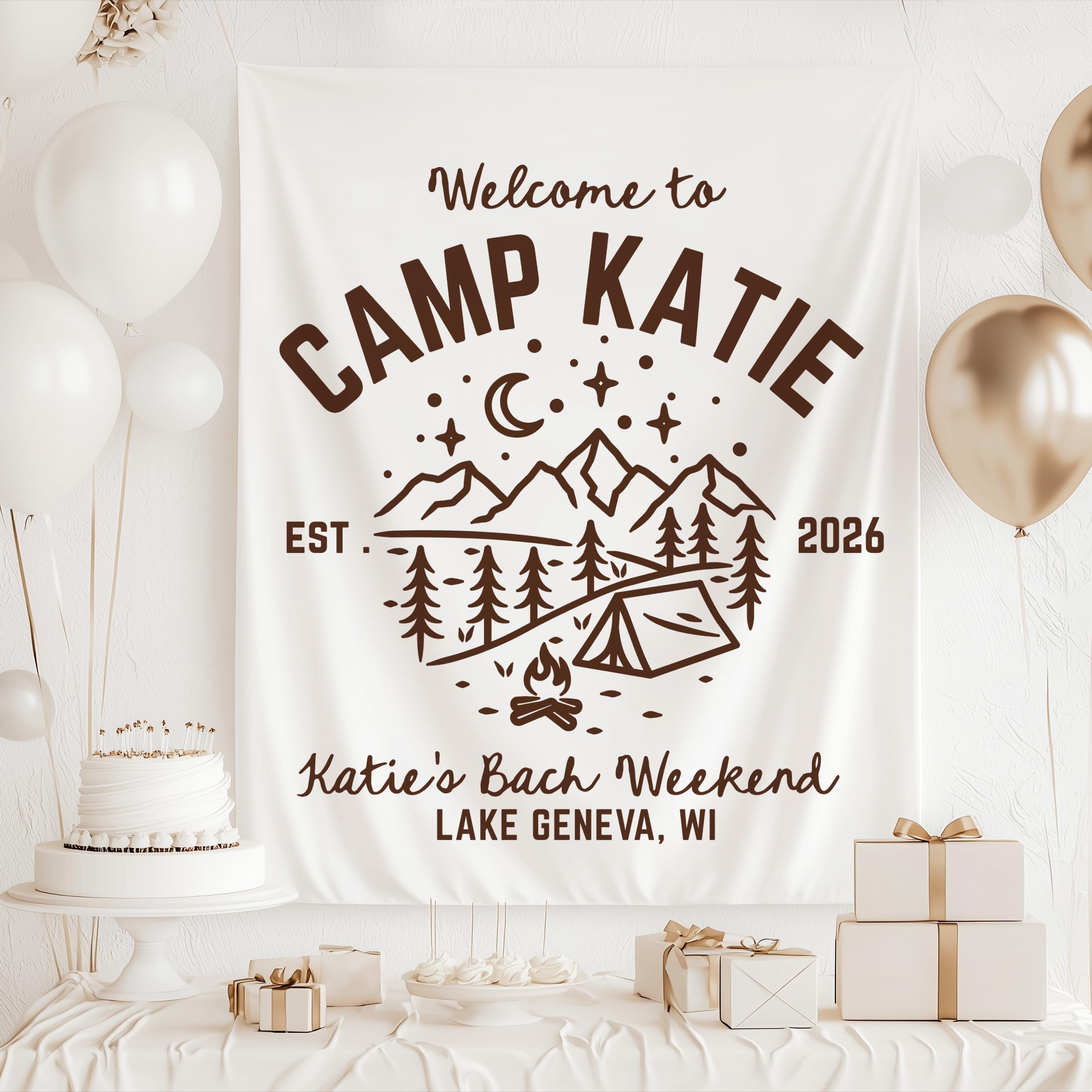 Personalized camping bridal party banner for Camp Bachelorette Weekend 
