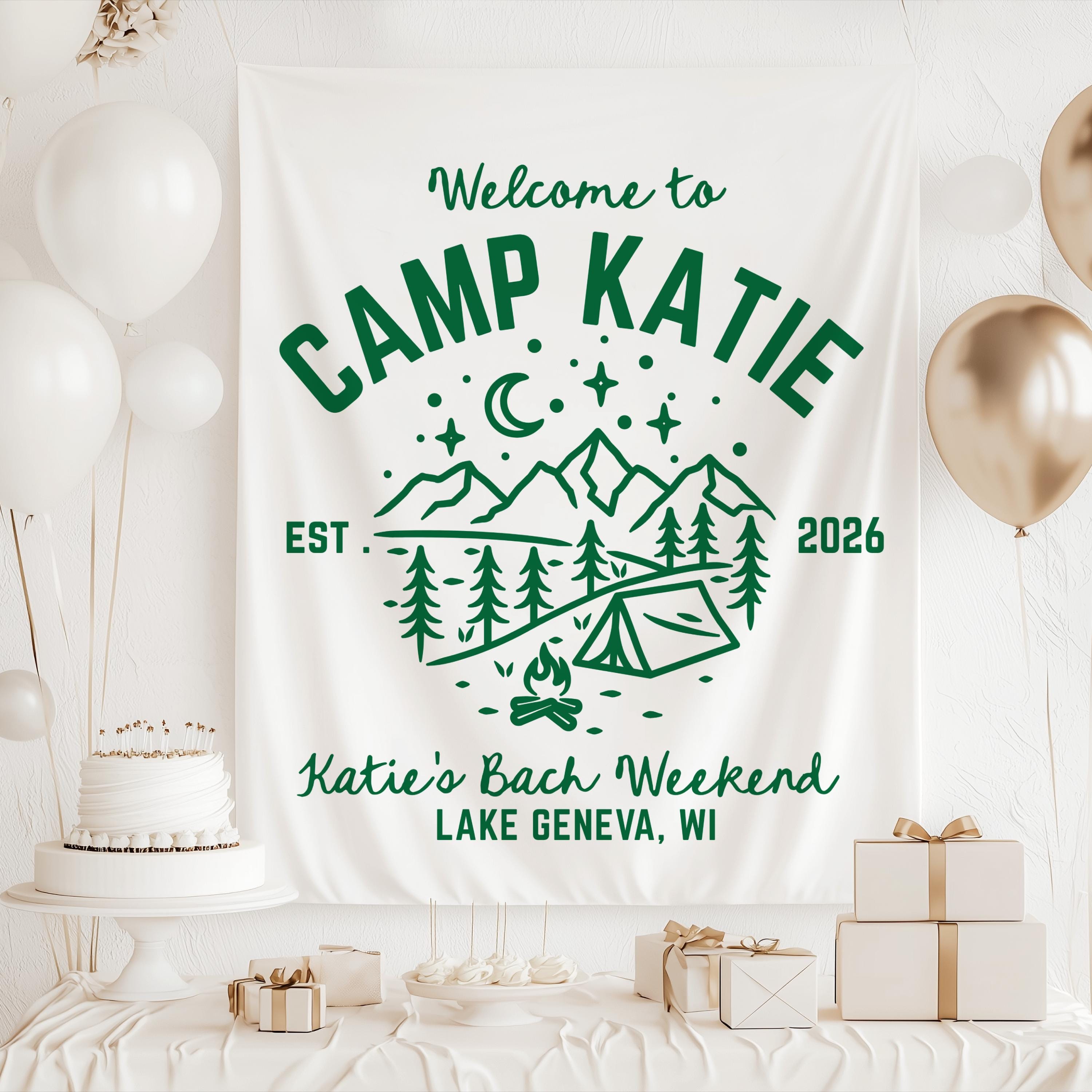 Personalized Camp Bachelorette backdrop for camping girls trip and bridal weekend celebration