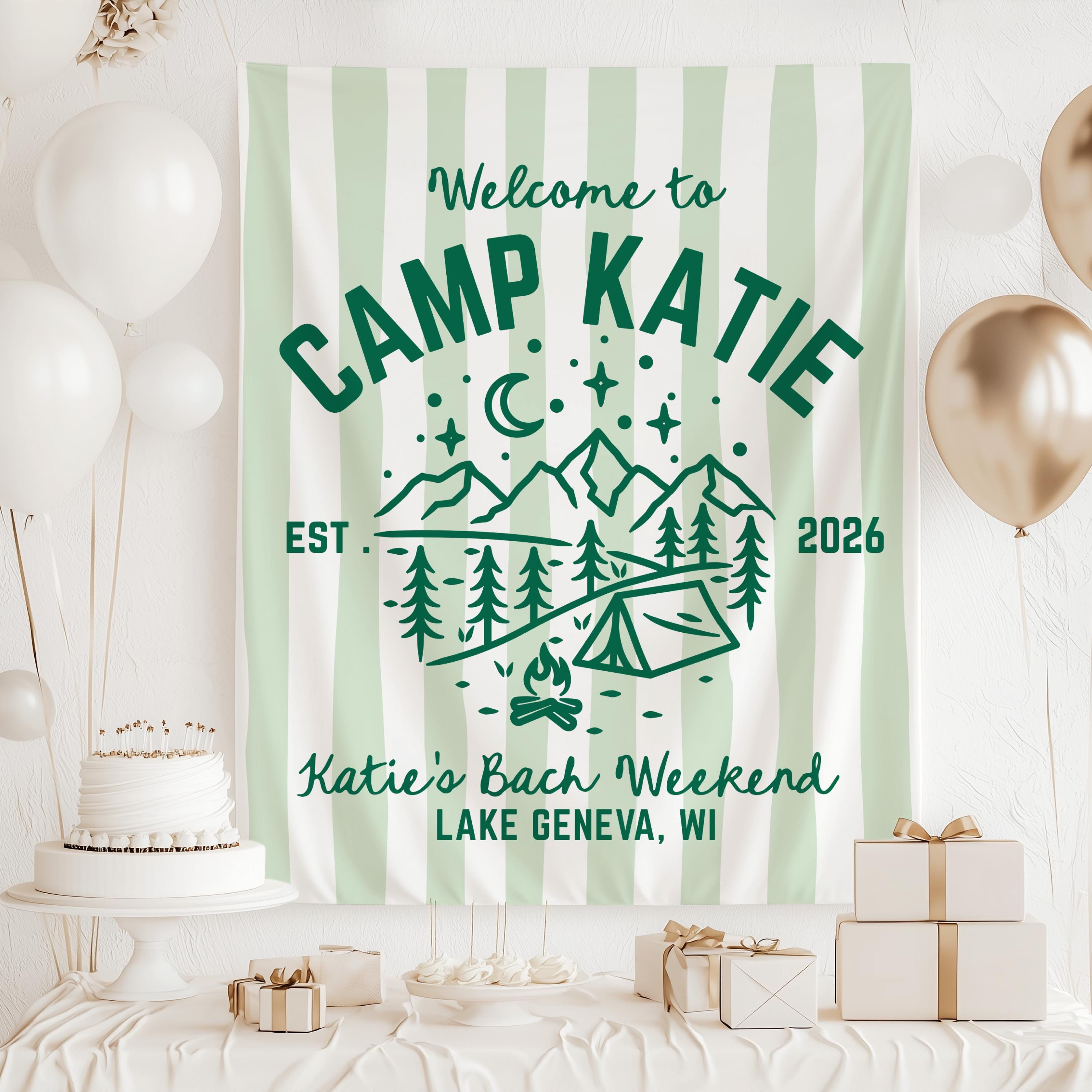 Camp Bachelorette backdrop for glamping party, cabin getaway, and outdoor bridal celebration
