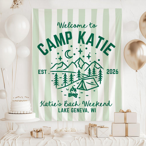 Camp Bachelorette backdrop for glamping party, cabin getaway, and outdoor bridal celebration
