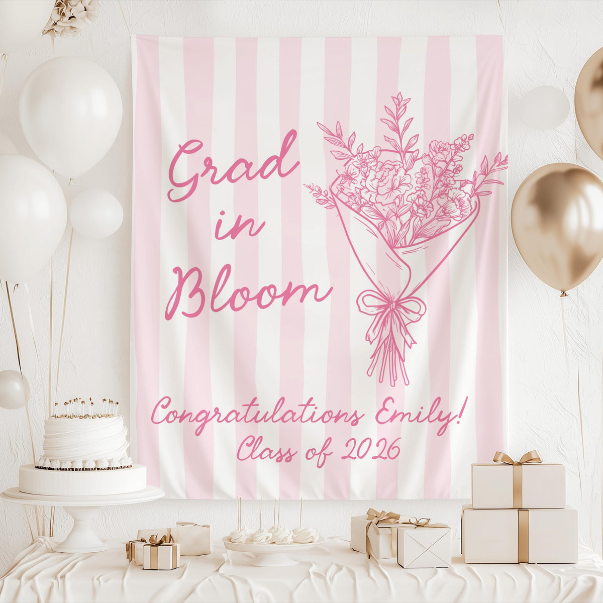 Class of 2026 graduation banner personalized with graduate name and an elegant green floral bouquet design