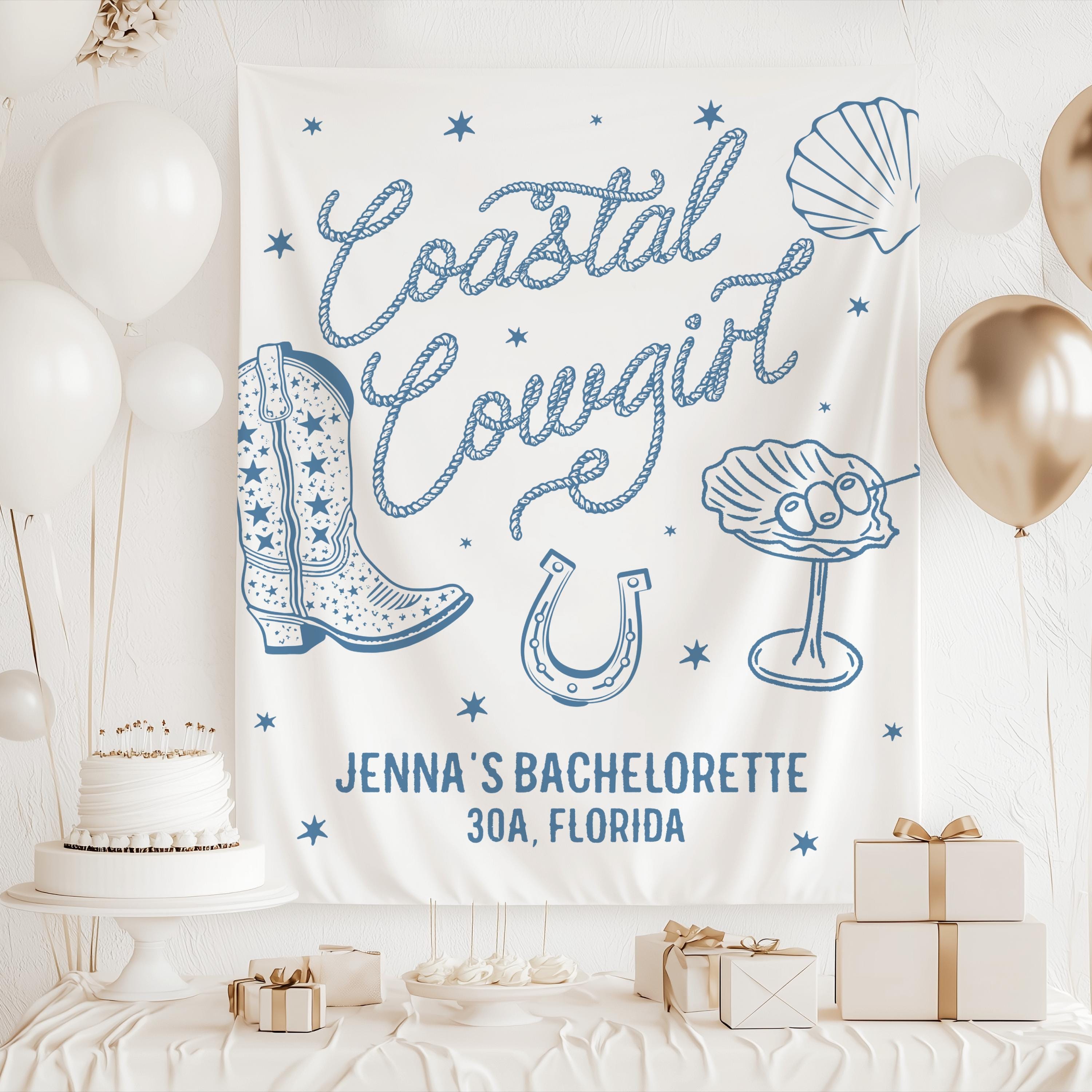 Coastal Cowgirl bachelorette backdrop for beach bridal weekend with custom name and party details