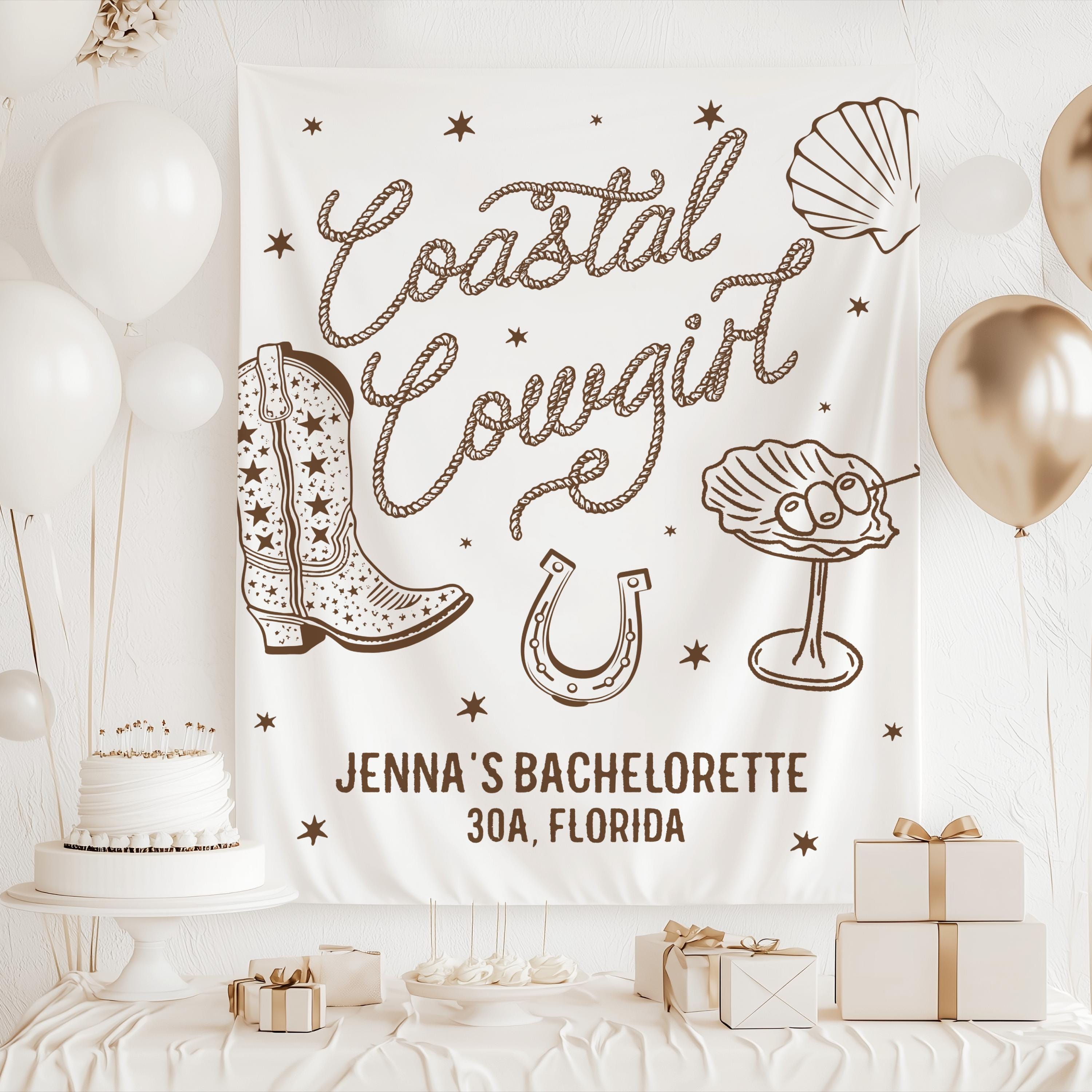 Custom western beach banner for Coastal Cowgirl bachelorette party decorations and photos
