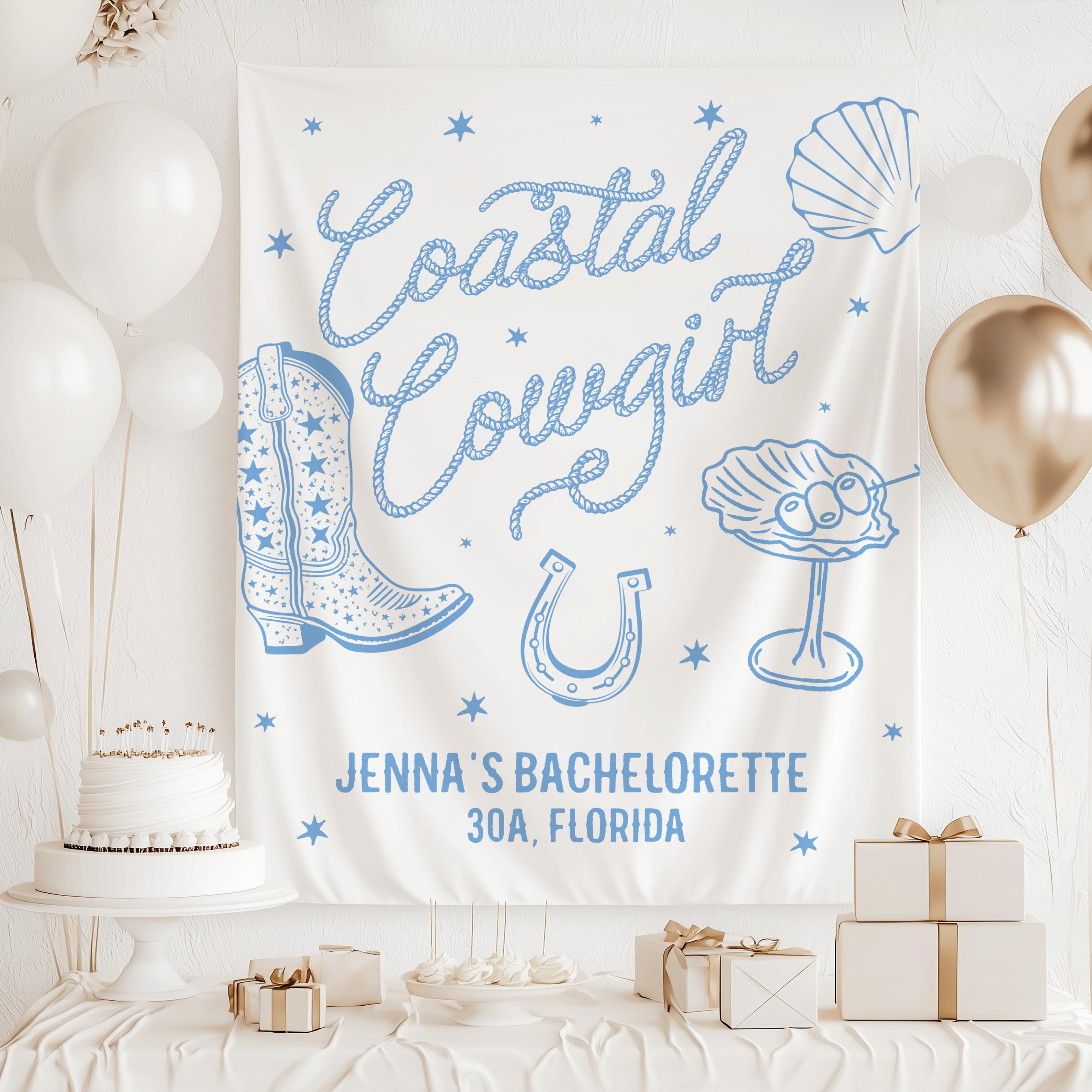 Coastal Cowgirl party banner for destination bachelorette weekend and beach photo backdrop