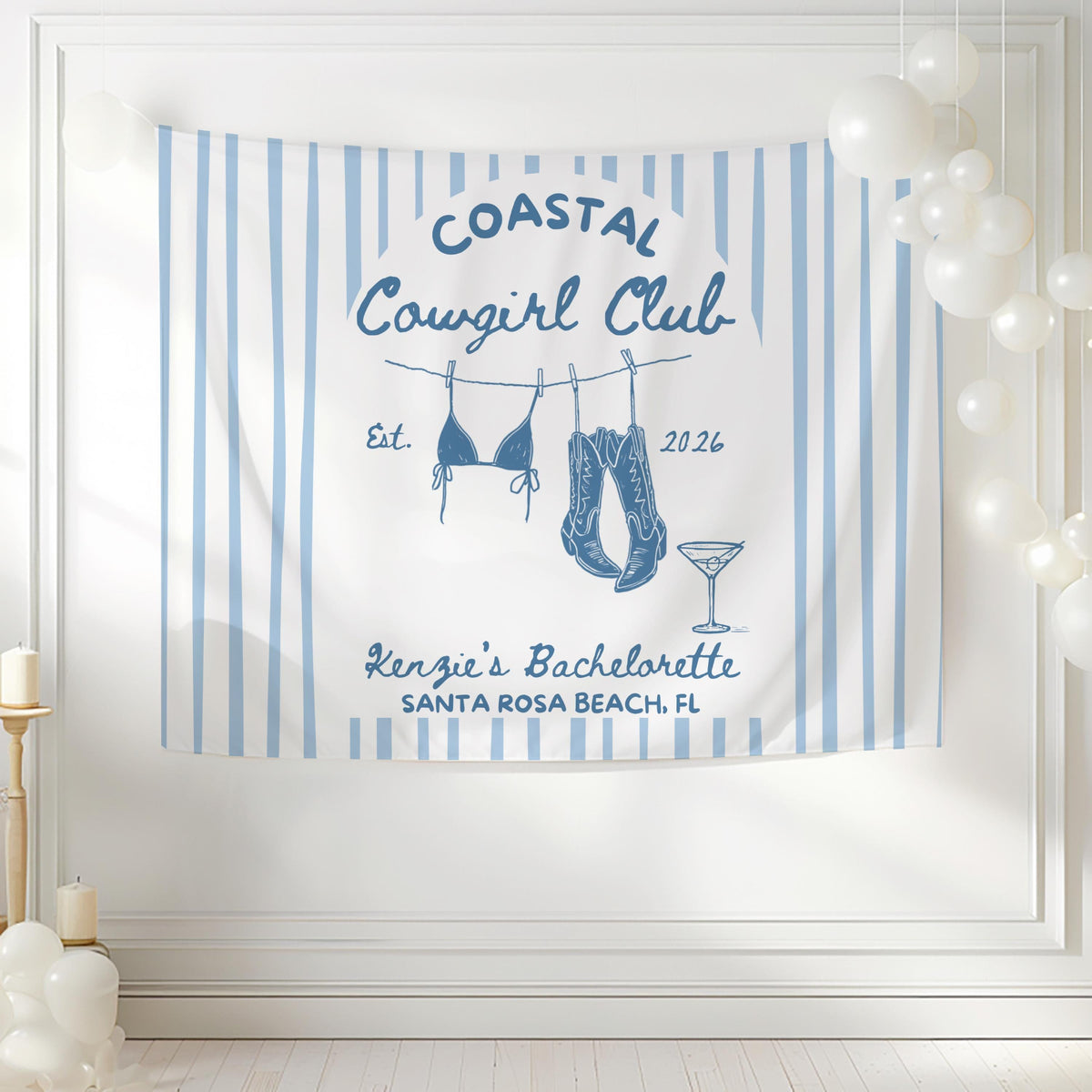 coastal cowgirl bach club banner with hanging bilkini design 