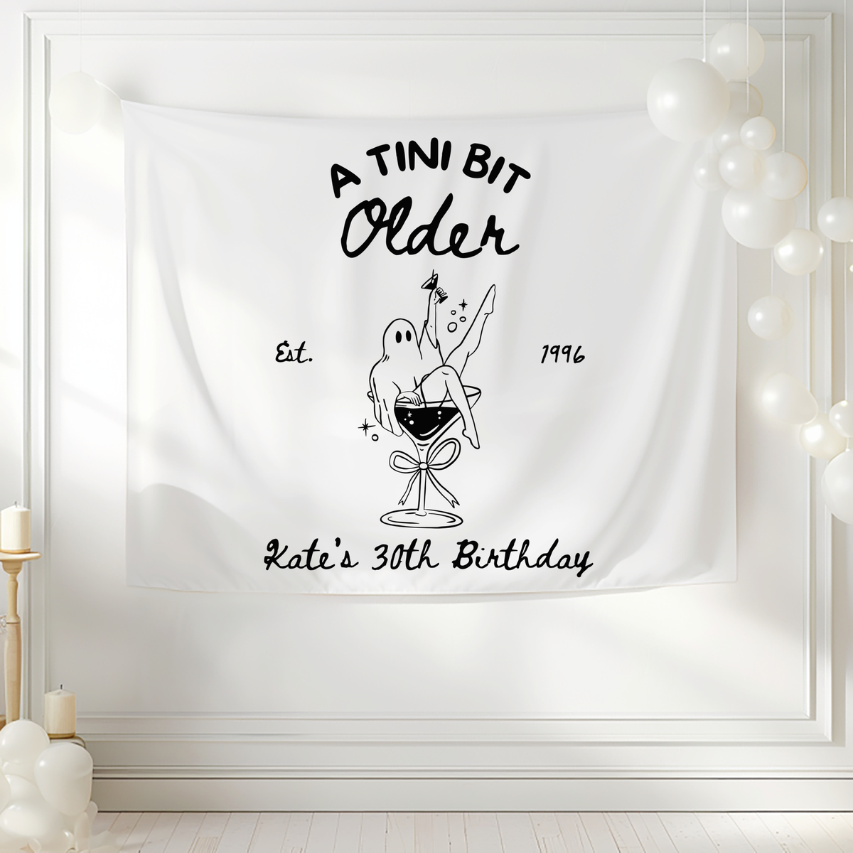 Custom 30th birthday Halloween backdrop with ghost in martini glass and personalized birthday details