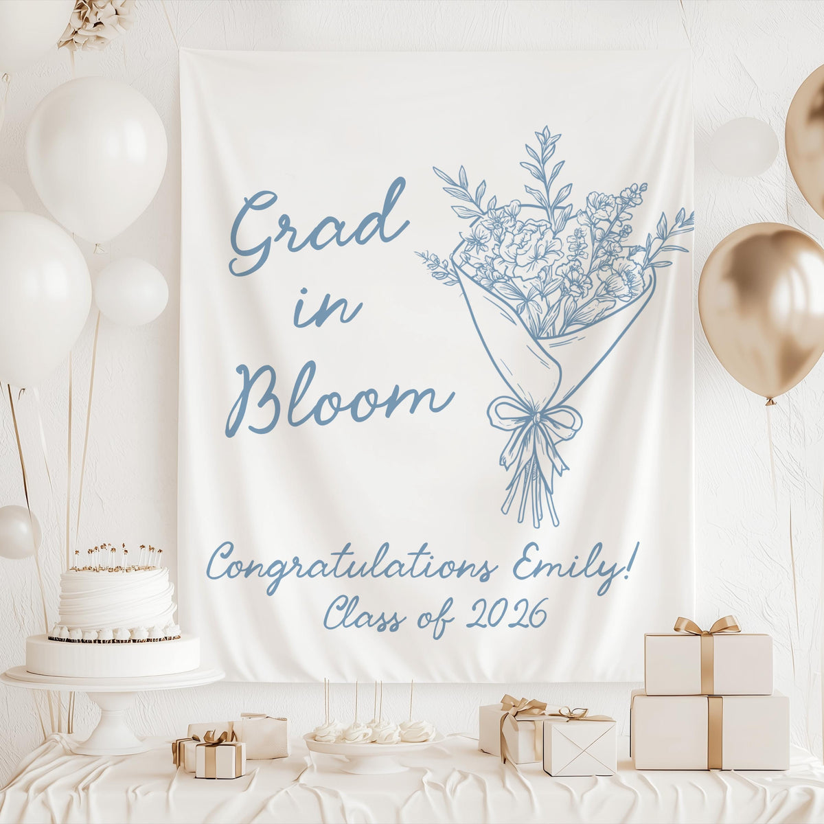 Custom graduation banner featuring graduate name, Class of 2026 and a green line art flower bouquet