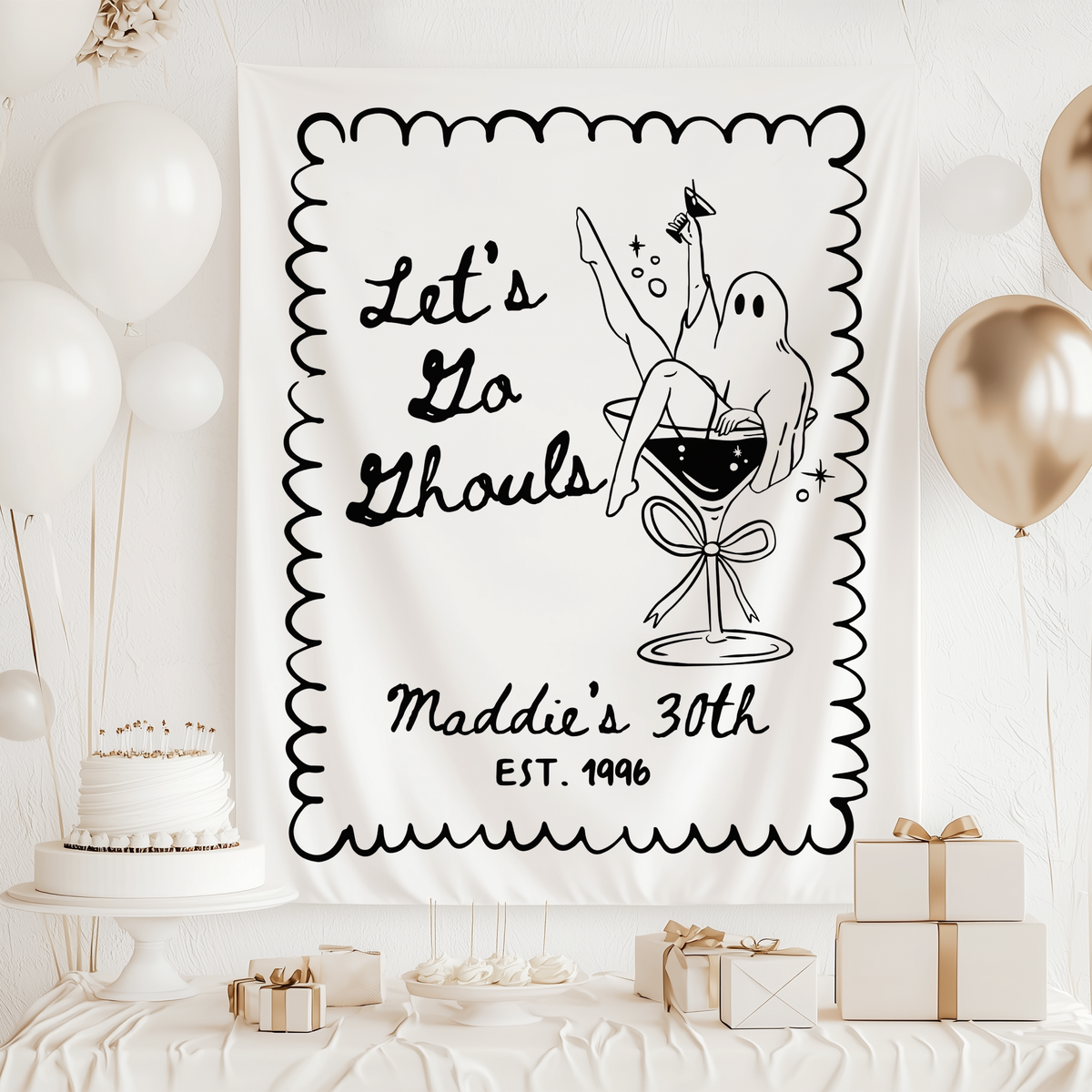 Custom Halloween birthday party backdrop personalized with name age and birth year featuring trendy black and white ghost decor