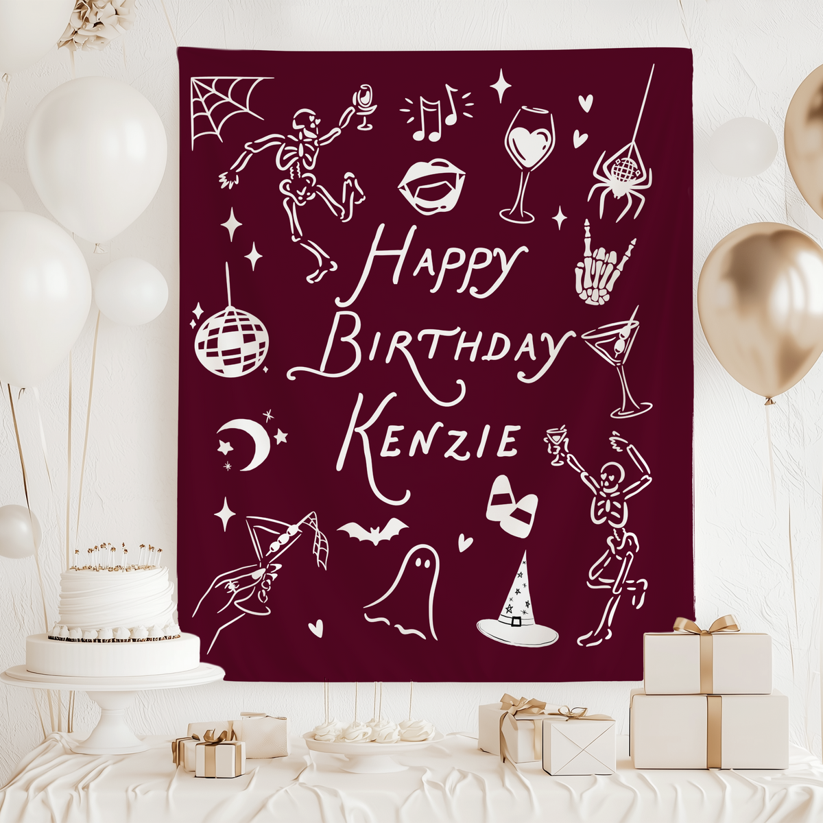 Custom Halloween birthday tapestry with personalized name and black and white spooky party artwork