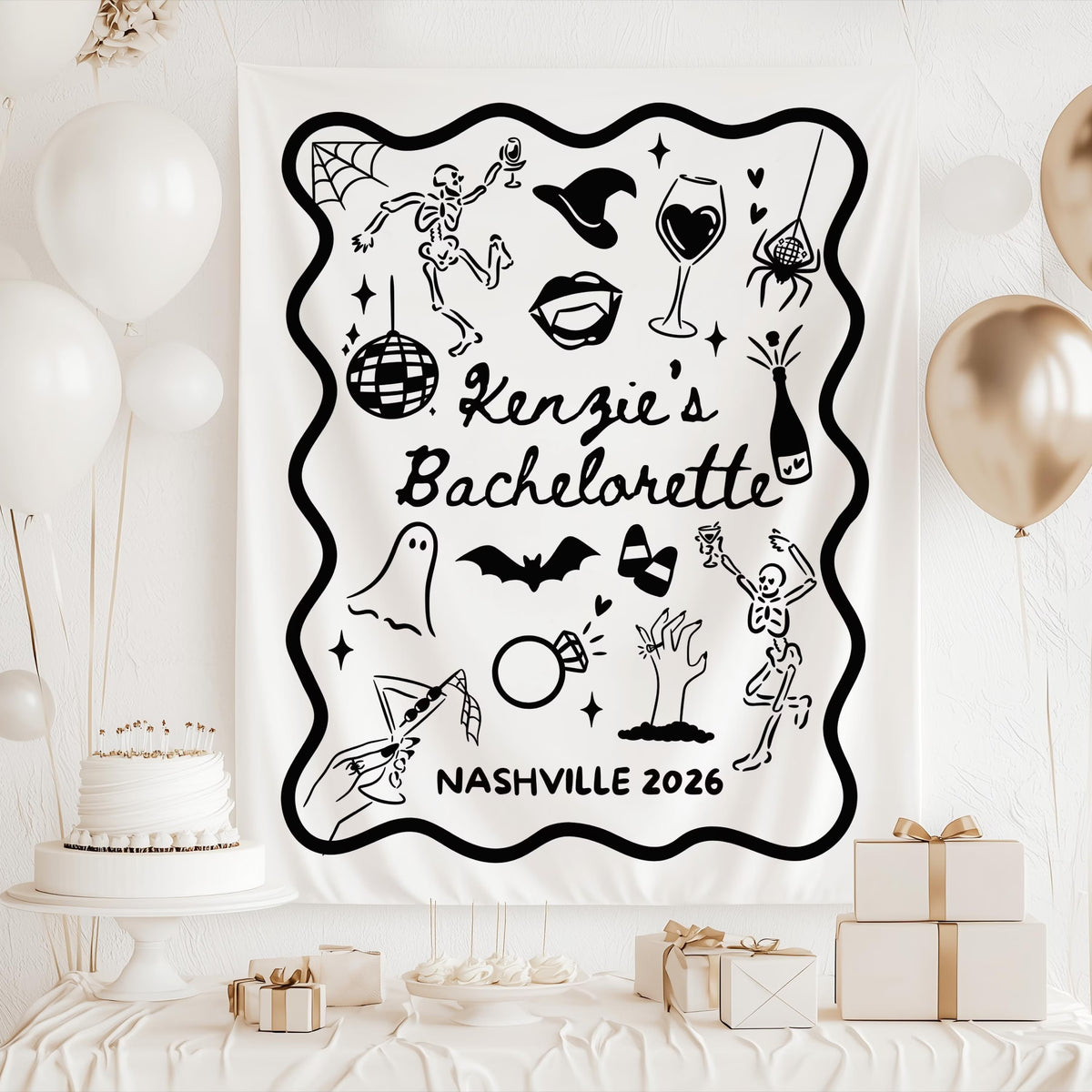 Halloween bride backdrop personalized with name destination and year for bach weekend

