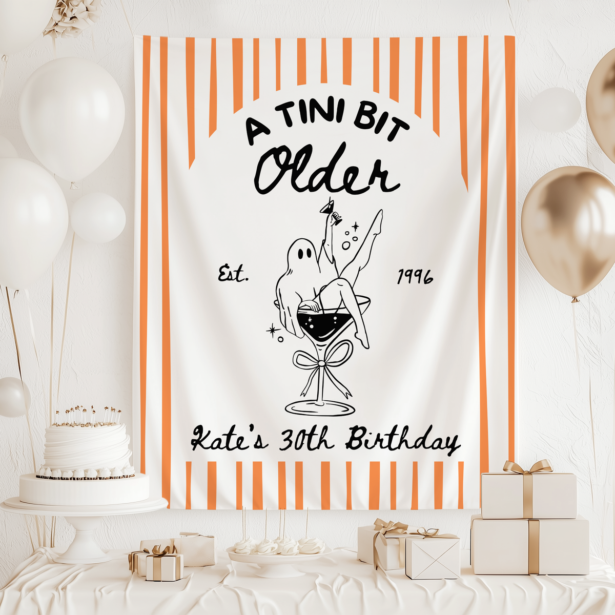 Custom Halloween milestone birthday banner with A Tini Bit Older ghost and martini design for an adult birthday celebration