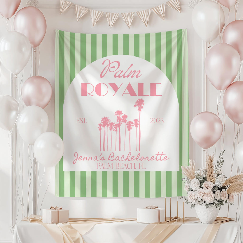 Palm Royale backdrop for destination bachelorette party, Palm Beach weekend, and bridal shower