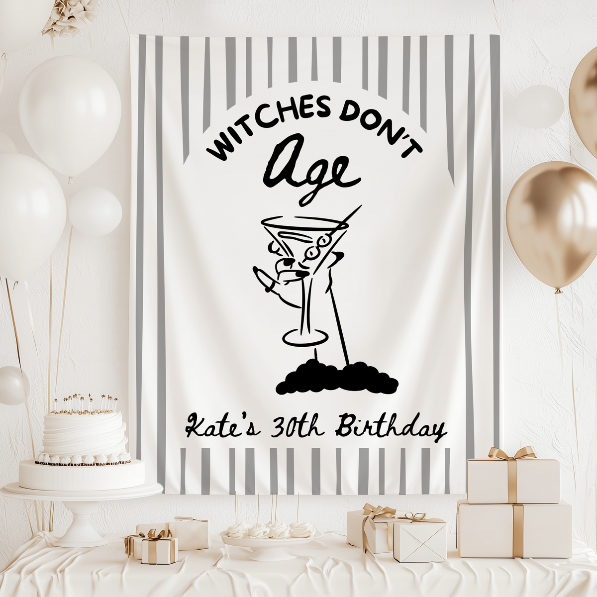 Spooky dirty thirty Halloween birthday backdrop with witch and martini design for a 30th birthday party