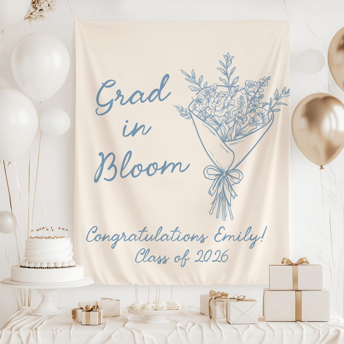 Elegant personalized graduation party backdrop with neutral sage green stripes and hand drawn flowers