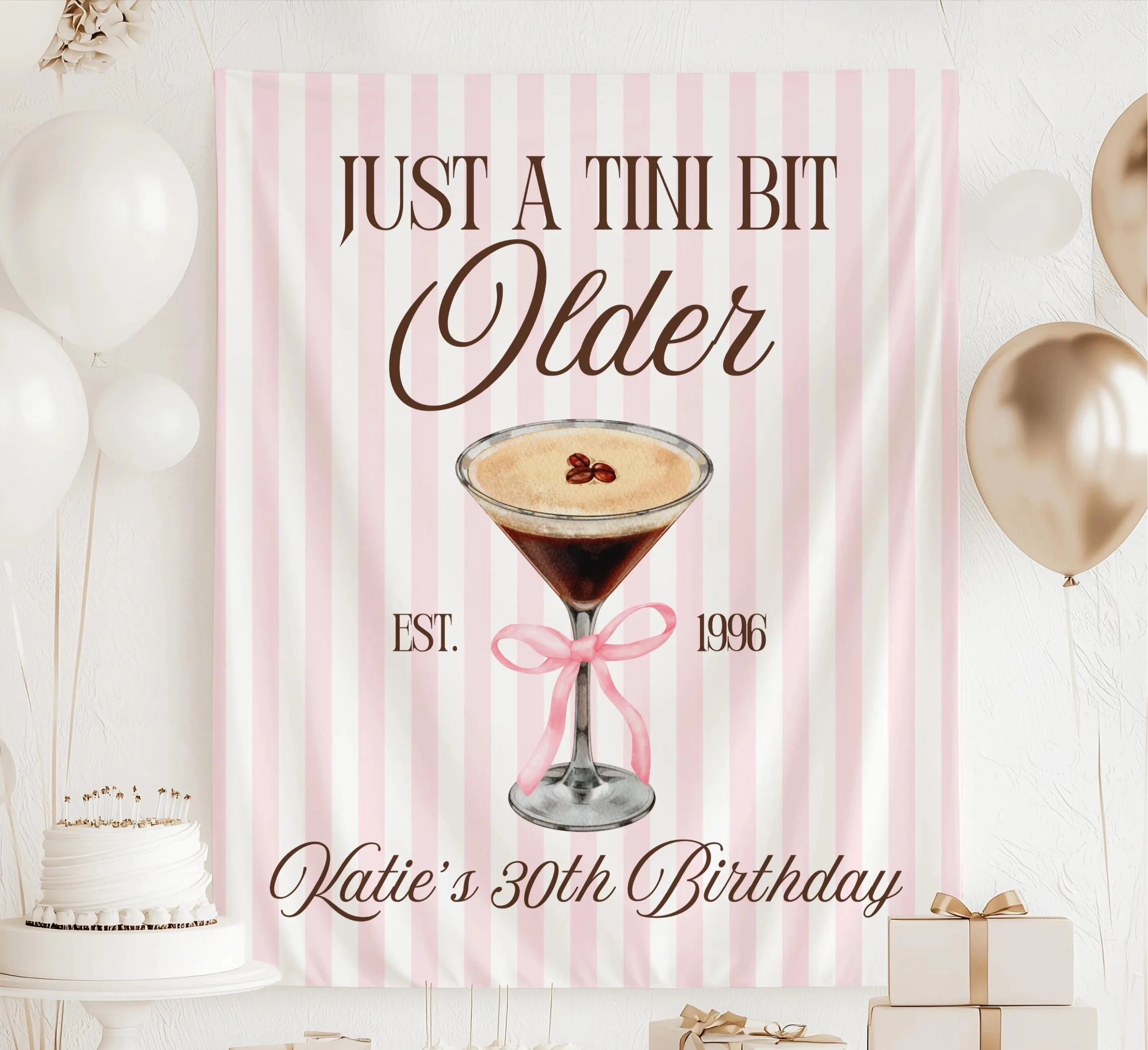 Personalized espresso martini birthday backdrop featuring pink stripes and custom name for a cocktail-themed birthday party.