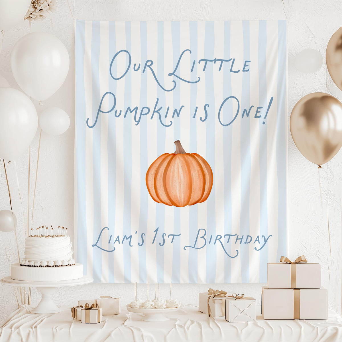 Fall first birthday party decor featuring Our Little Pumpkin Is One birthday backdrop