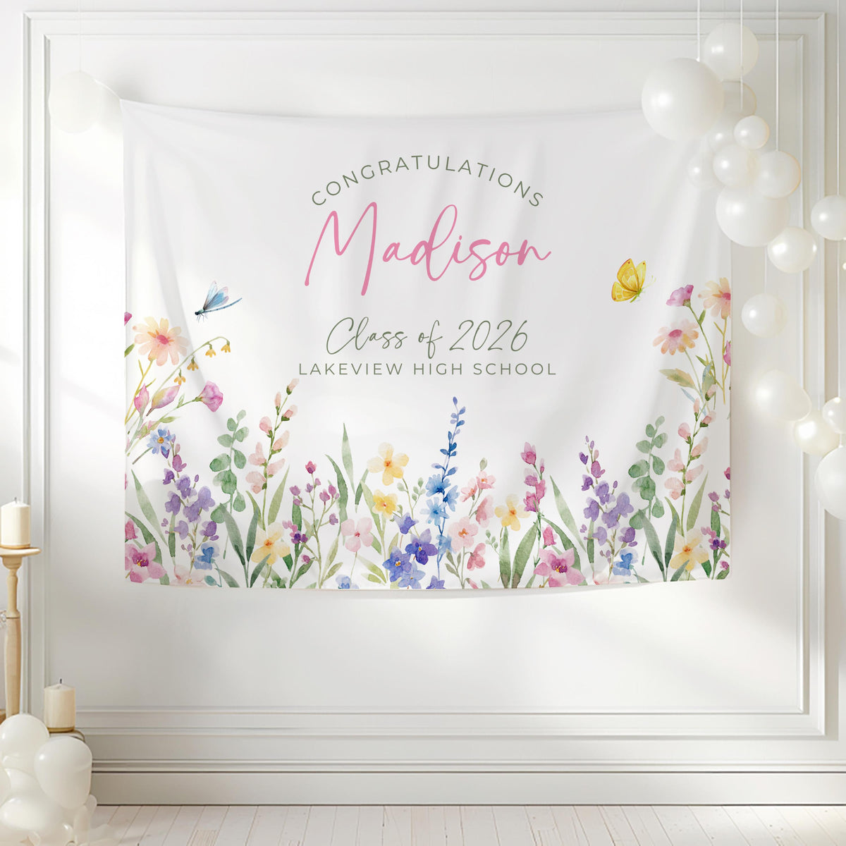 Custom graduation banner with personalized graduate name, school and delicate watercolor wildflowers