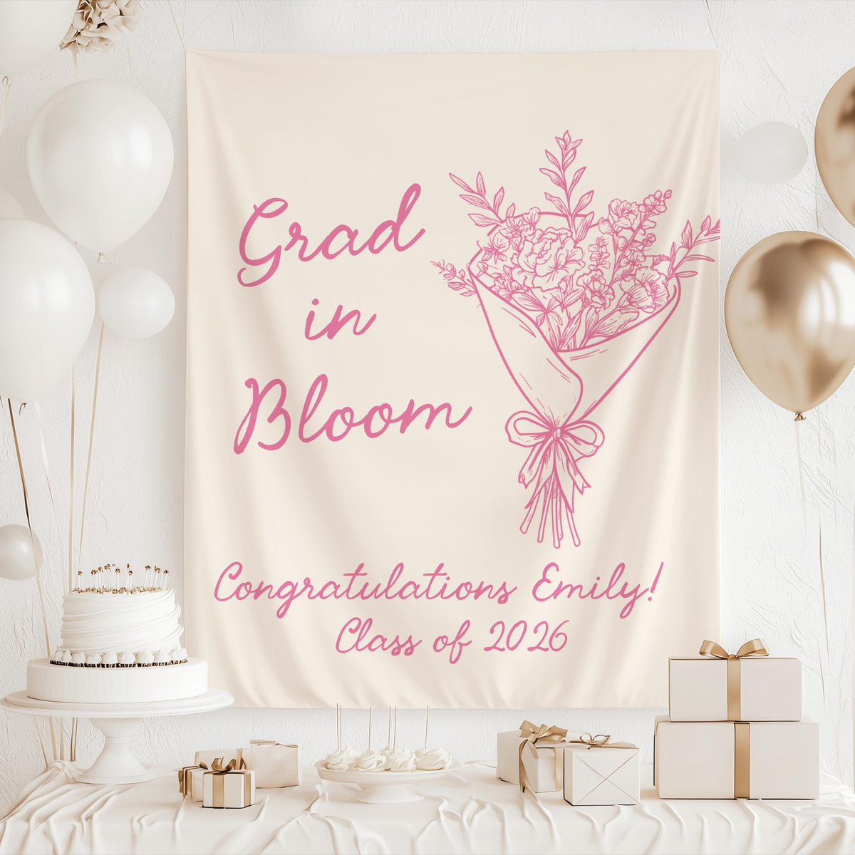 Floral graduation party decor with sage green personalized Grad in Bloom banner and botanical bouquet illustration